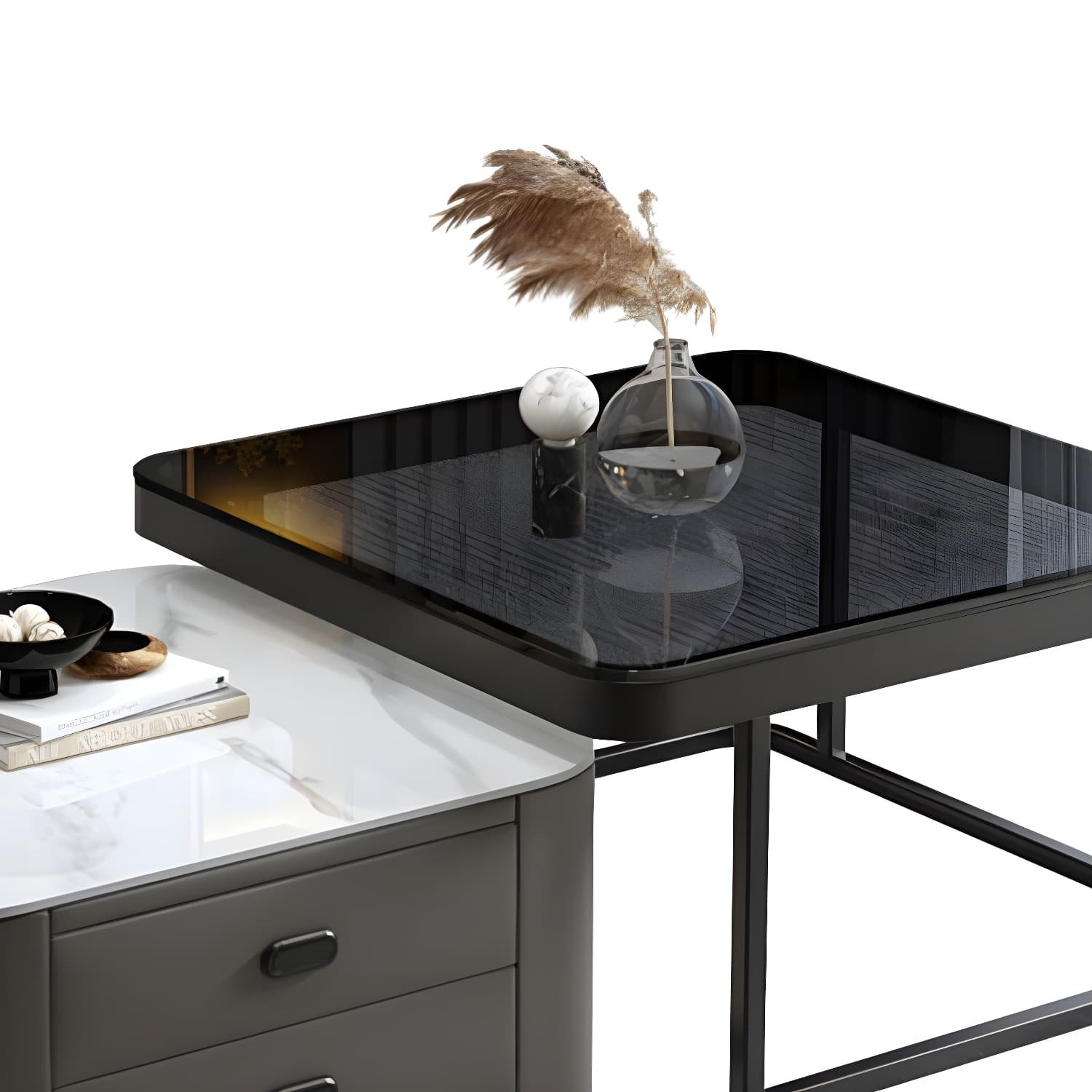 Square Coffee Table Glass Top 2 Nesting Coffee Table Set with Storage thumbnail 21