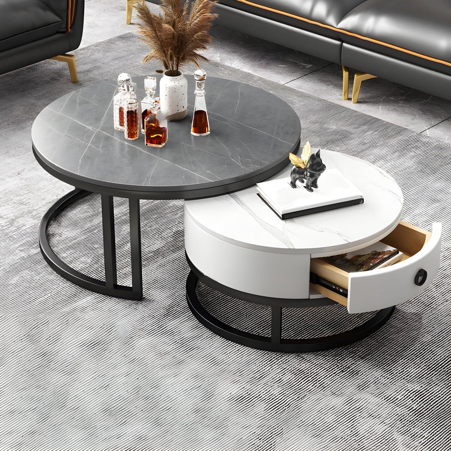 Modern Nesting Coffee Table Set Frame Round Coffee Table Set with Drawer thumbnail 3