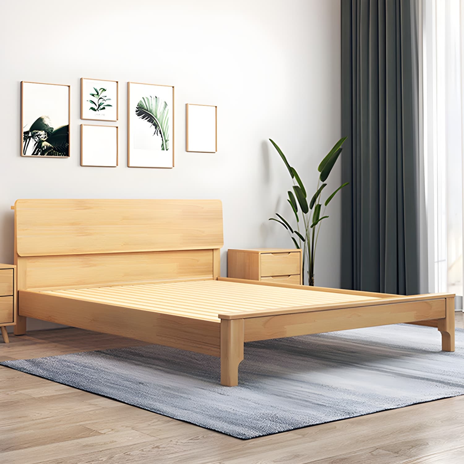 Scandinavian Solid Wood Bed with Rectangle Headboard and 4 Legs thumbnail 5