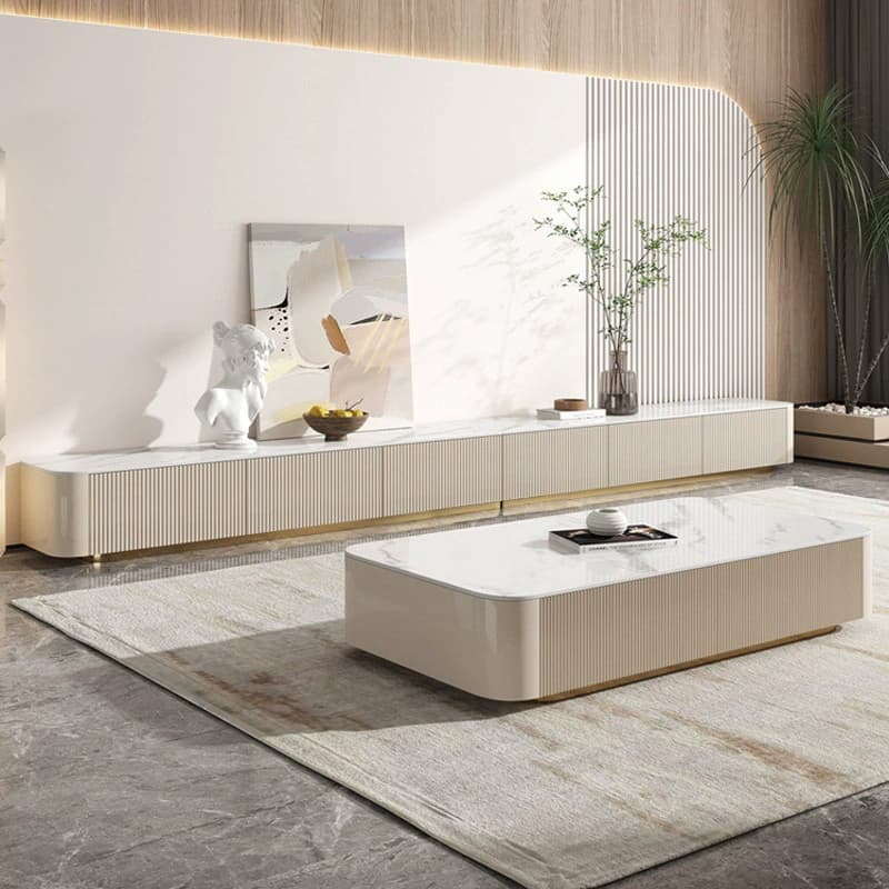 White Modern TV Stand with Low Height, Stone Material & Drawers for Full Assembly thumbnail 2