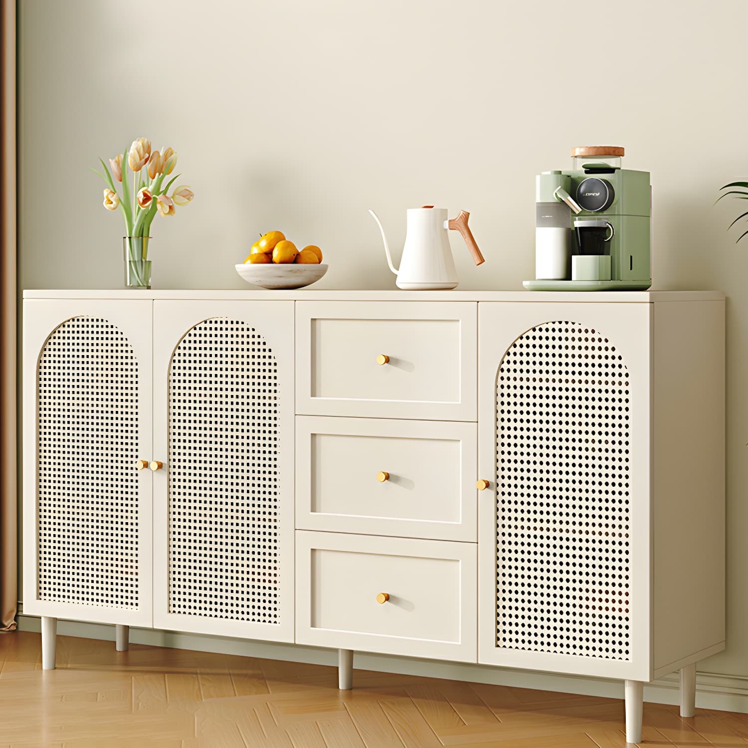 Modern White Engineered Wood Shelves Included Sideboard with Cabinets and Doors