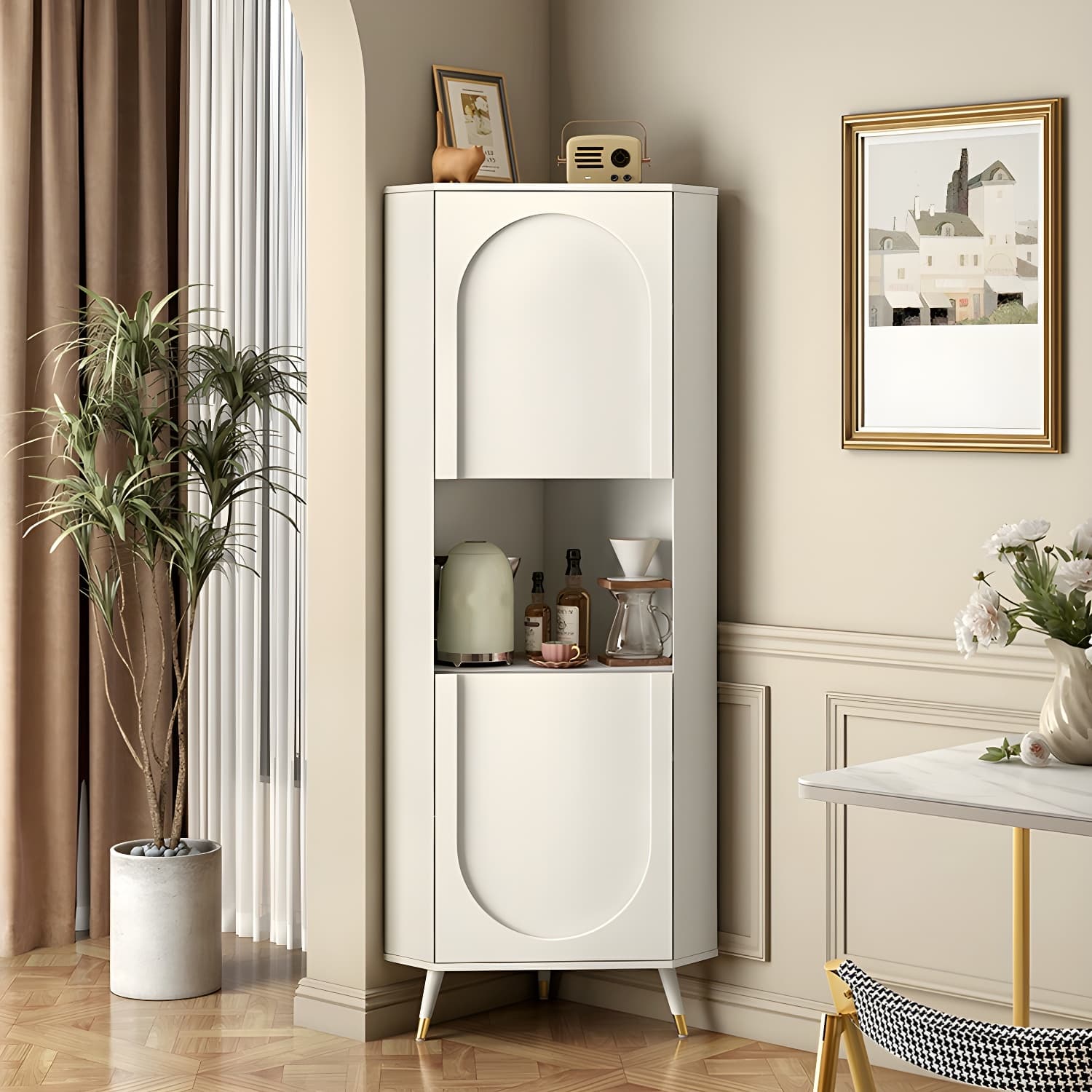 Modern White Corner Accent Cabinet with Stone Counter Top, 2 Cabinets, and 6 Shelves thumbnail 3