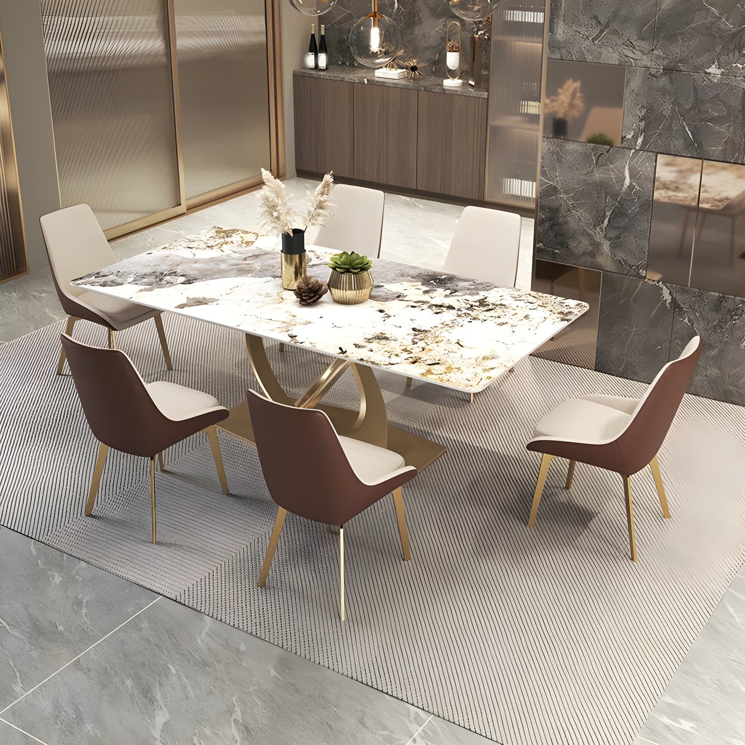 Glossy Beige Dining Table Set 1/2/5/7 Pcs Glam Dinette Set with Leather Chairs thumbnail 4