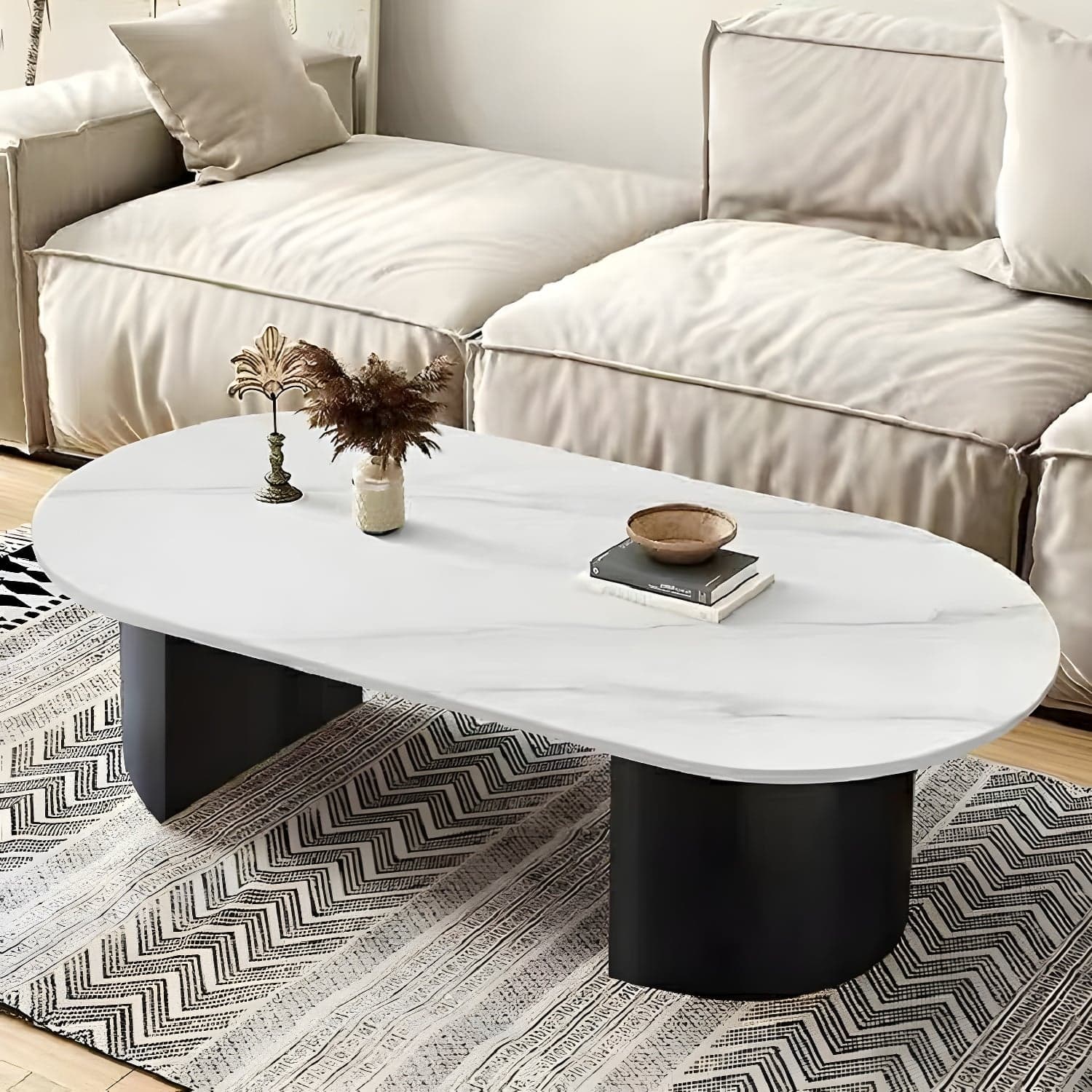 Modern Oval Stone Coffee Table with Double Pedestal Base for Living Room thumbnail 1