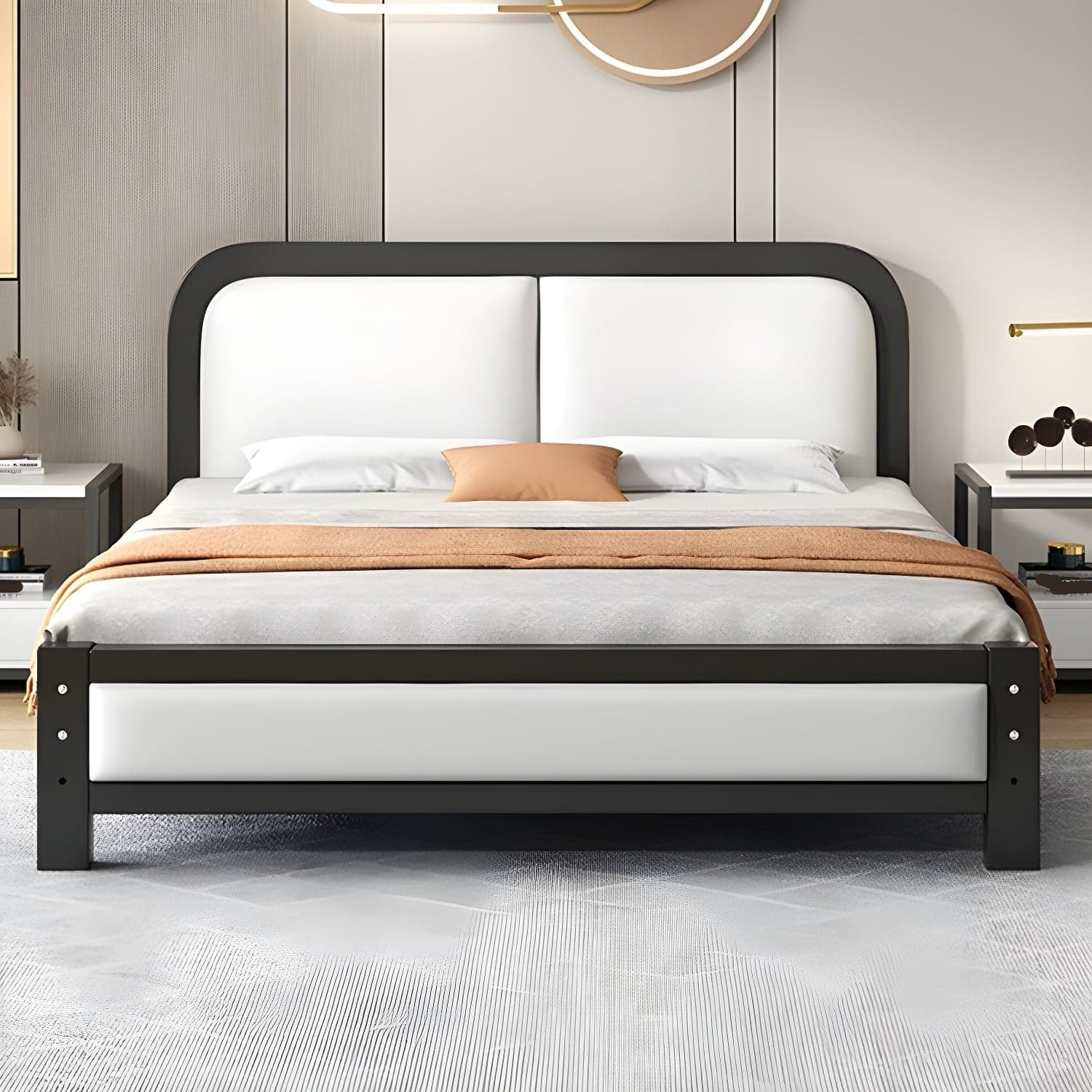 Modern Metal Panel Bed in White/Midnight Black with Easy Assembly thumbnail 1