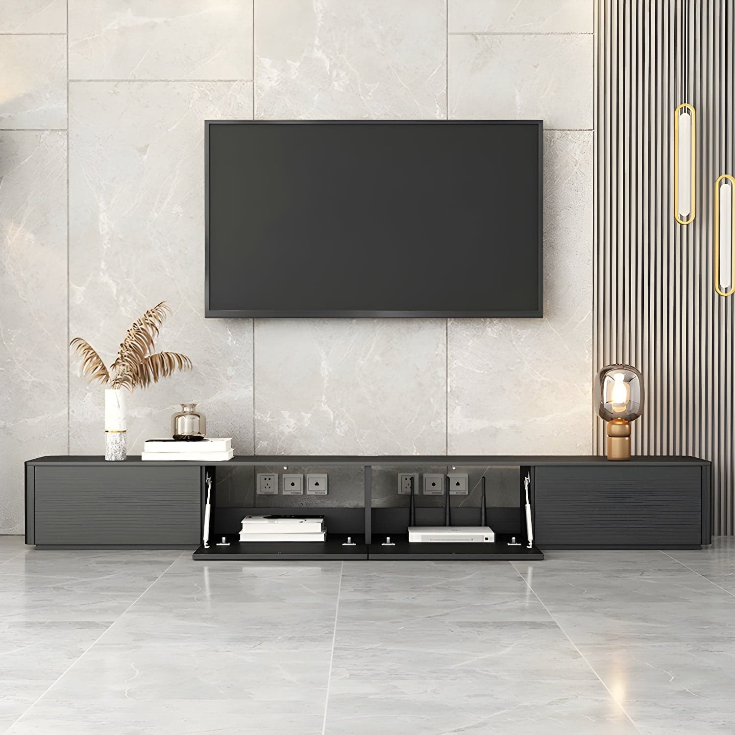 Black Wood TV Stand with Drawers and Cable Management – Modern Style and Low Height thumbnail 2