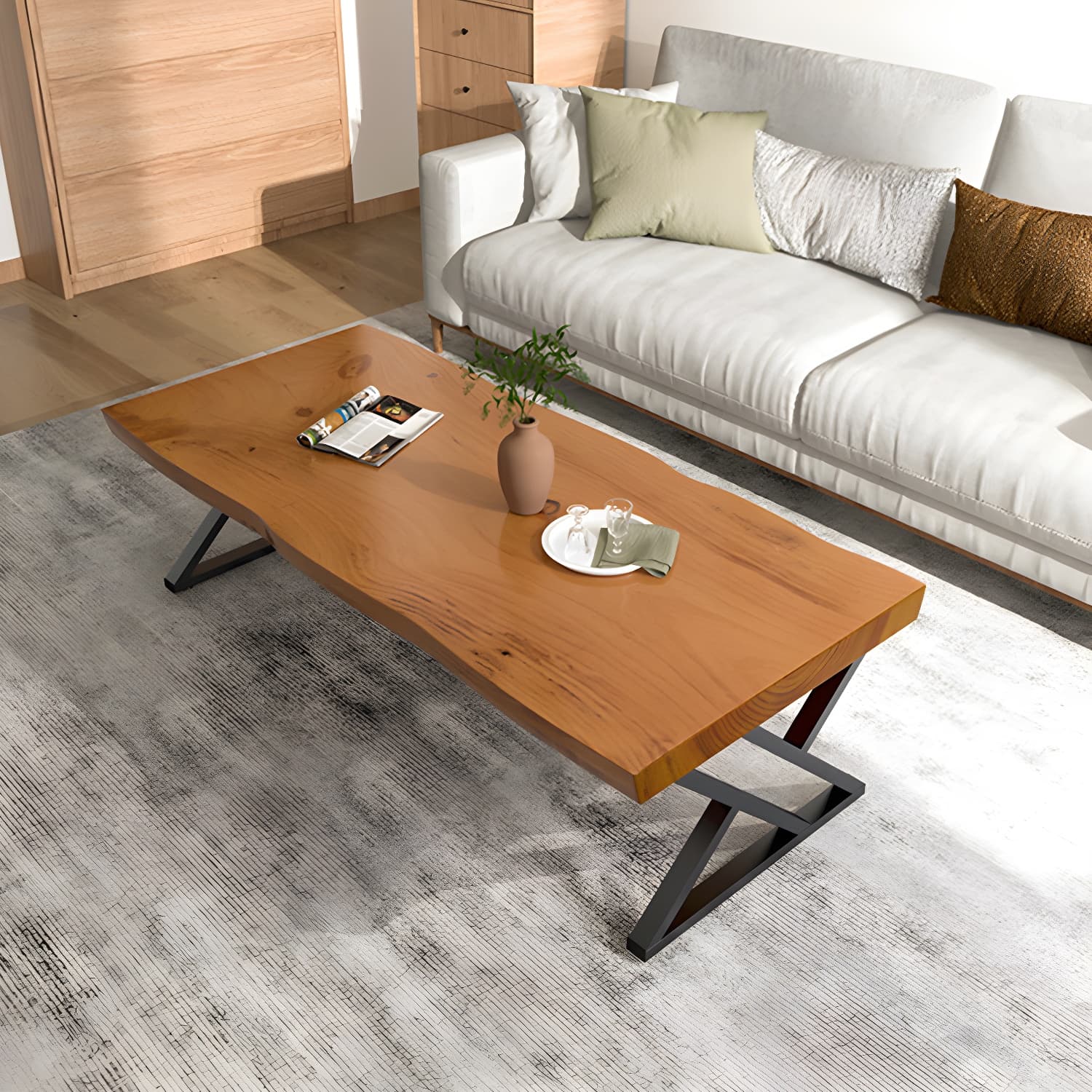 Scandinavian Rectangle Solid Wood Coffee Table Metal Sled Cocktail Table thumbnail 1