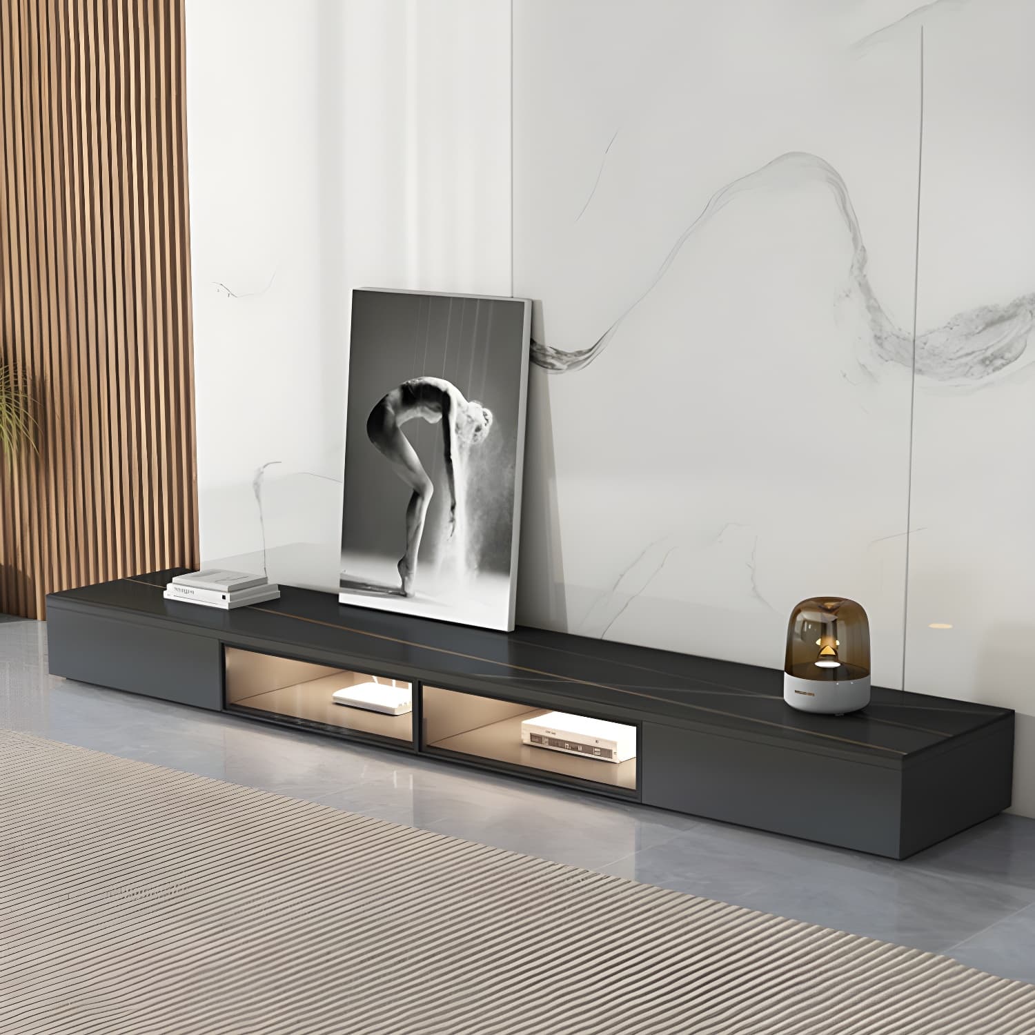 Black Modern TV Stand with Low Height and Drawers for Organized Cable Management & No Open Storage thumbnail 4