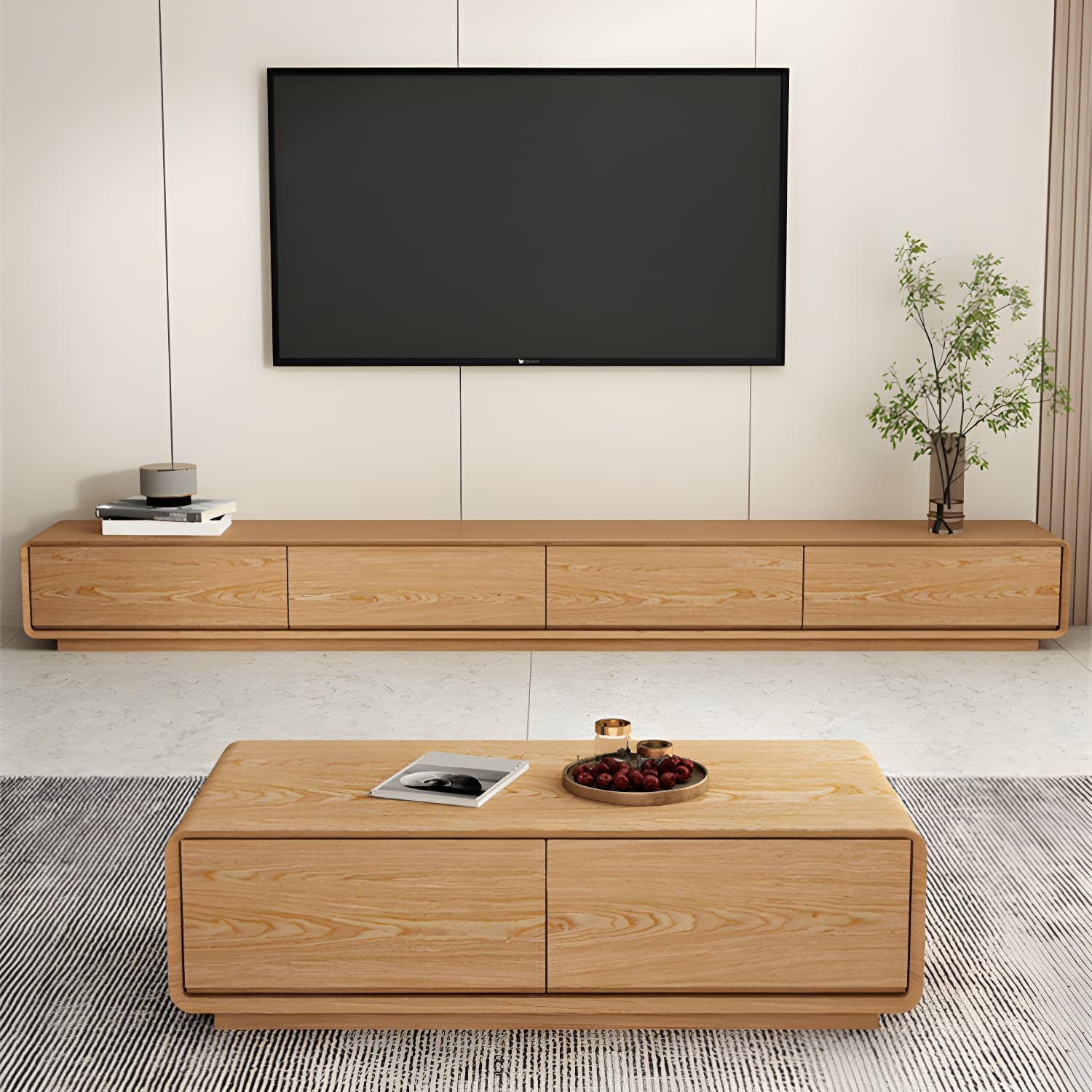 Contemporary Wood Media Console TV Stand in Natural with Drawers thumbnail 3