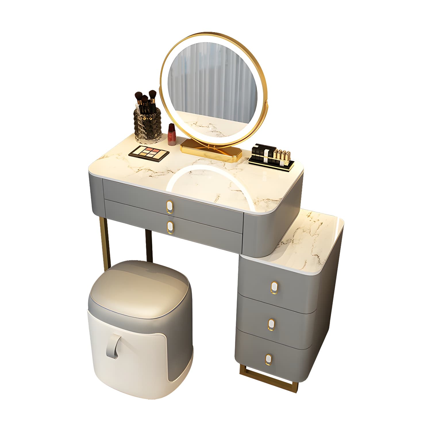 Stone Top Vanity with Storage Drawers Makeup Vanity Desk with Stool and Mirror thumbnail 11