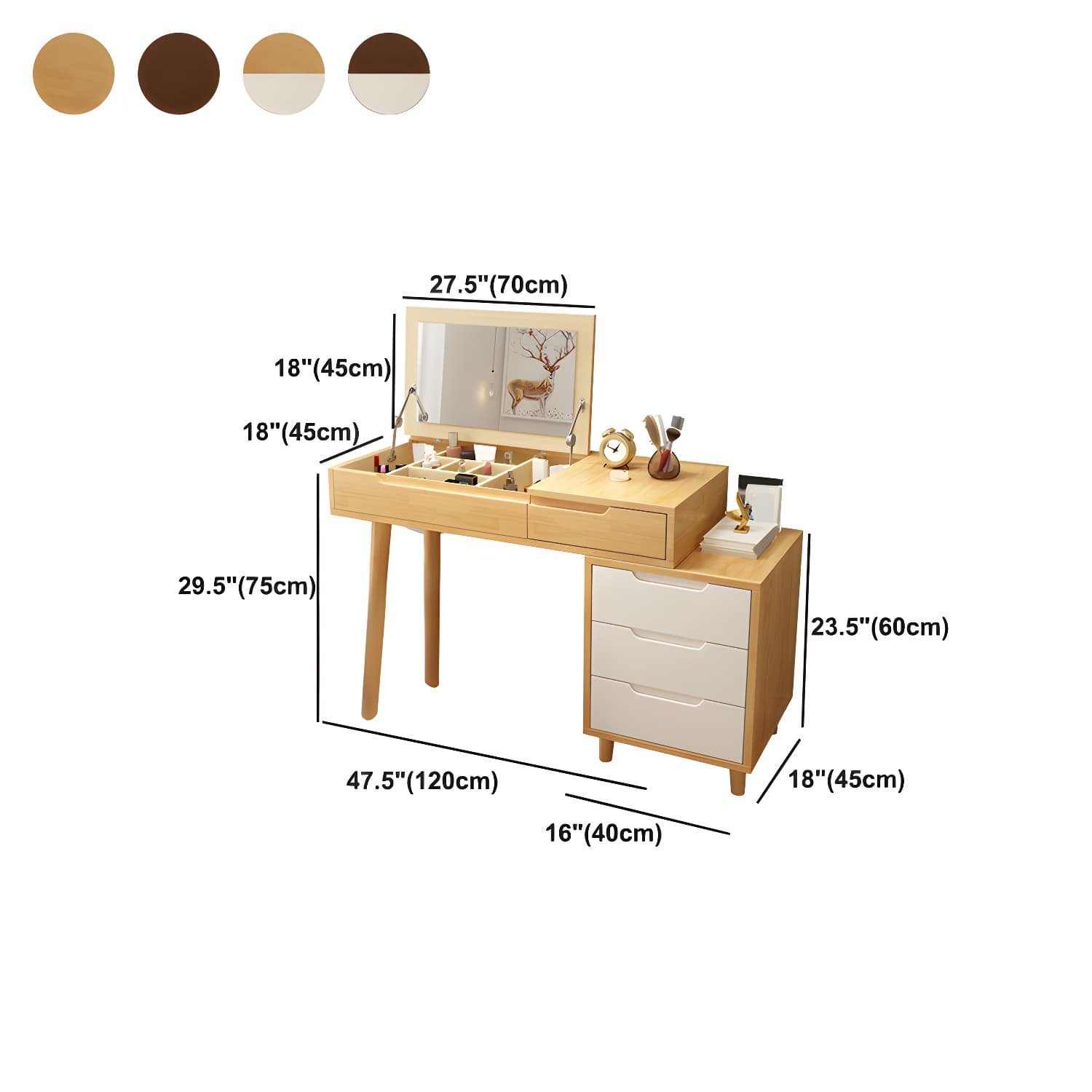 Solid Wood 1/4-Drawer Vanity Makeup Table with Mirror and Stool - 17.72" D thumbnail 20