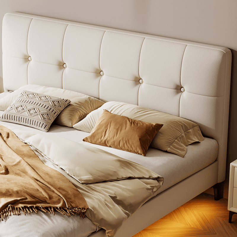 White Contemporary Panel Bed with Leg, Stitch-tufted Design, and Natural Wood Slats for Bedroom thumbnail 3