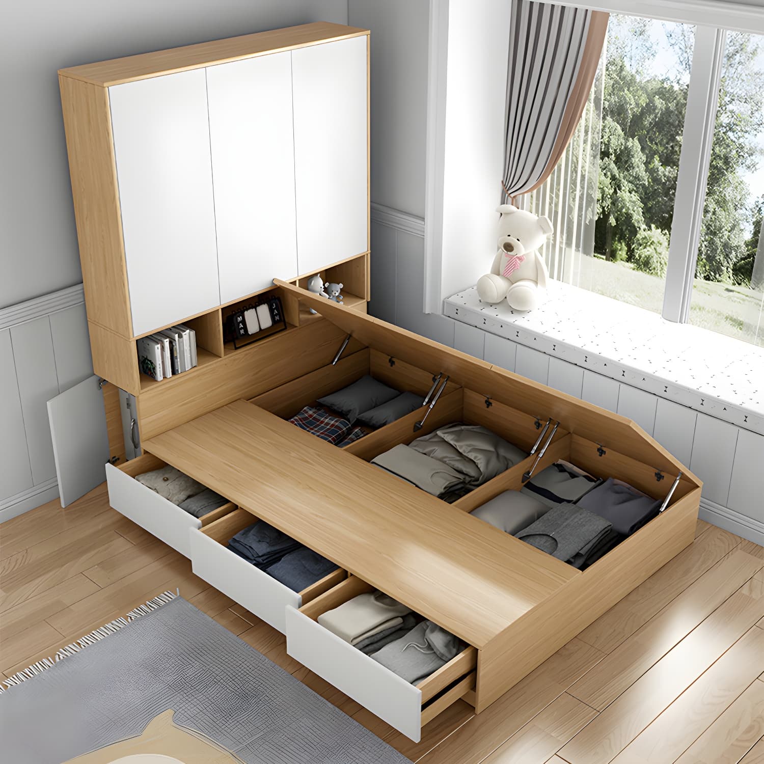 Modern Wood Platform Bed Frame Natural No Distressing Bookcase thumbnail 3