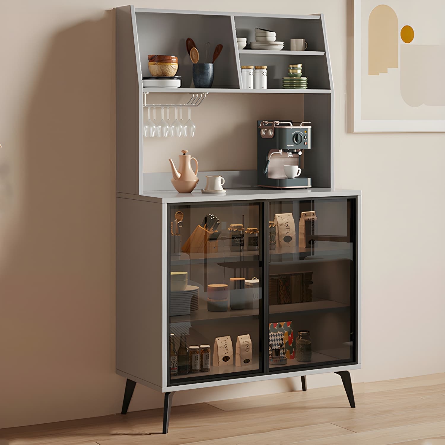 Glass Door Modern Wooden Kitchen Sideboard with Adjustable Shelving