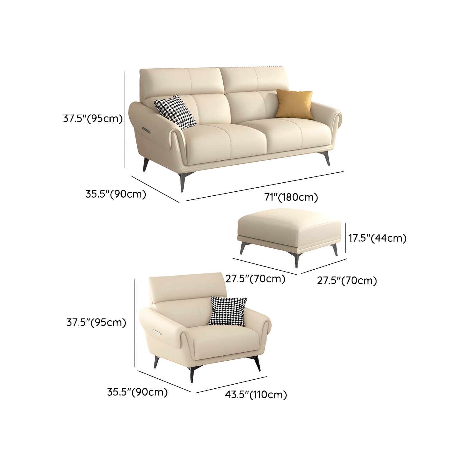 Faux Leather Flared Arm Sofa in Beige of 37.4" H with Cushions thumbnail 24