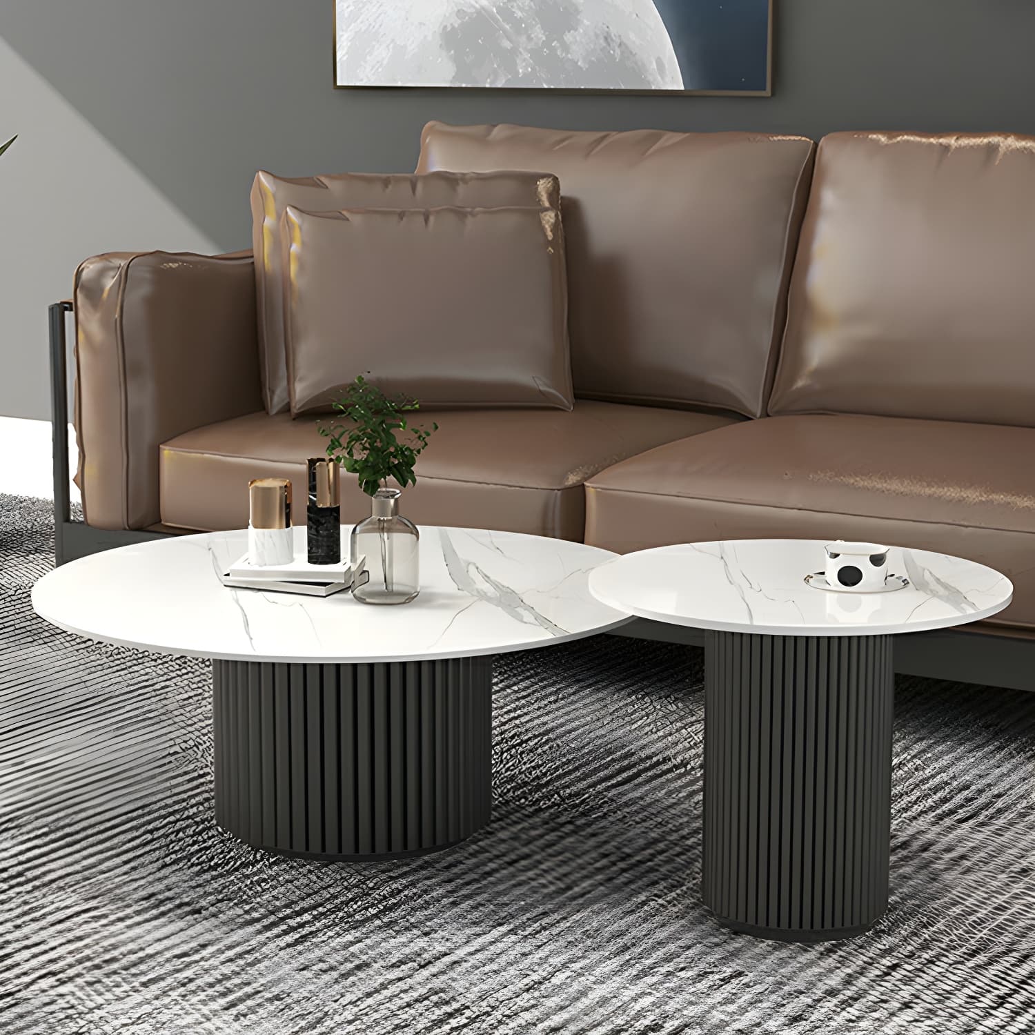 Set of Two Modern Round Black Coffee Tables with White Stone Tops and Iron Pedestal Bases thumbnail 4