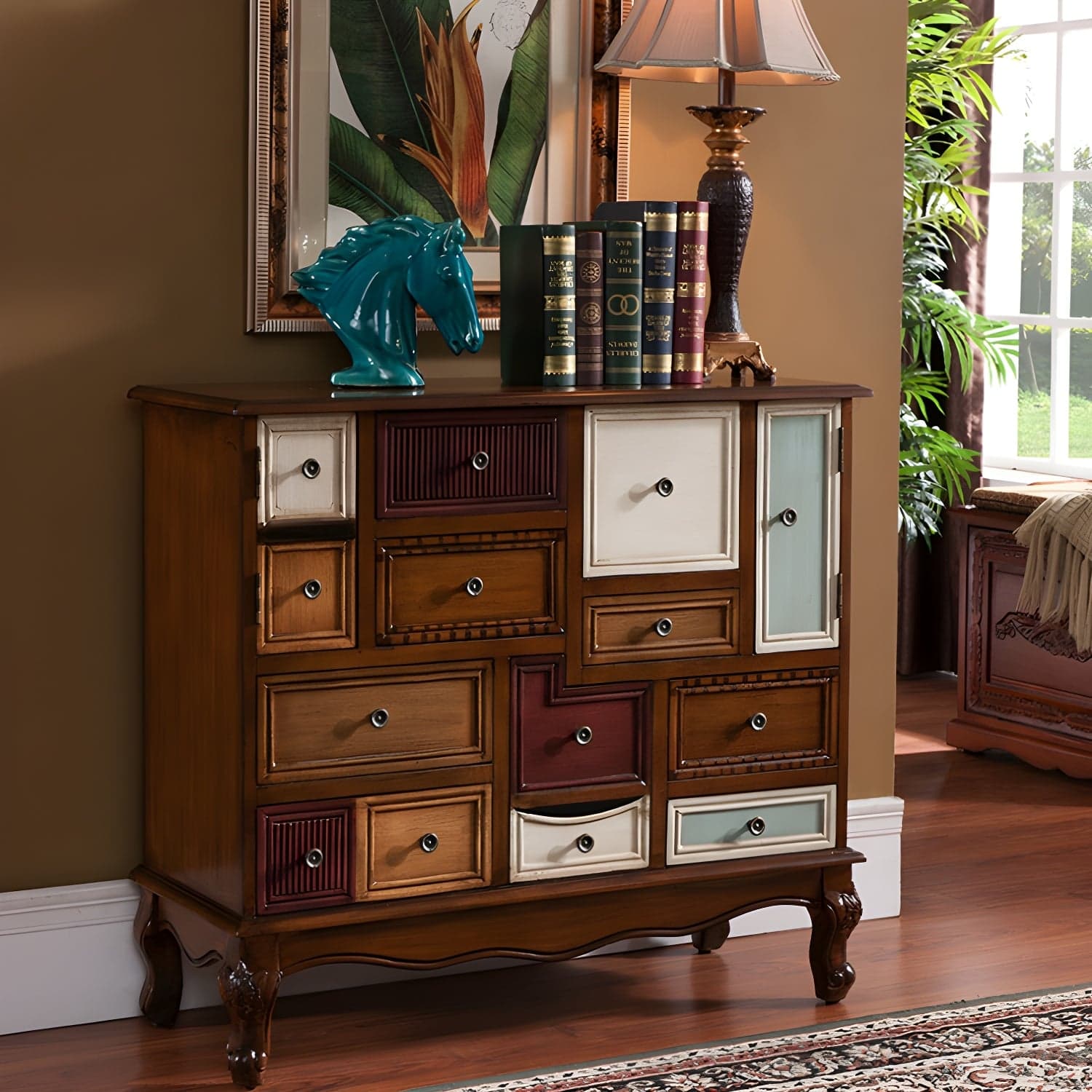 Industrial Painted Accent Cabinet with Drawers Solid Wood Chest thumbnail 6