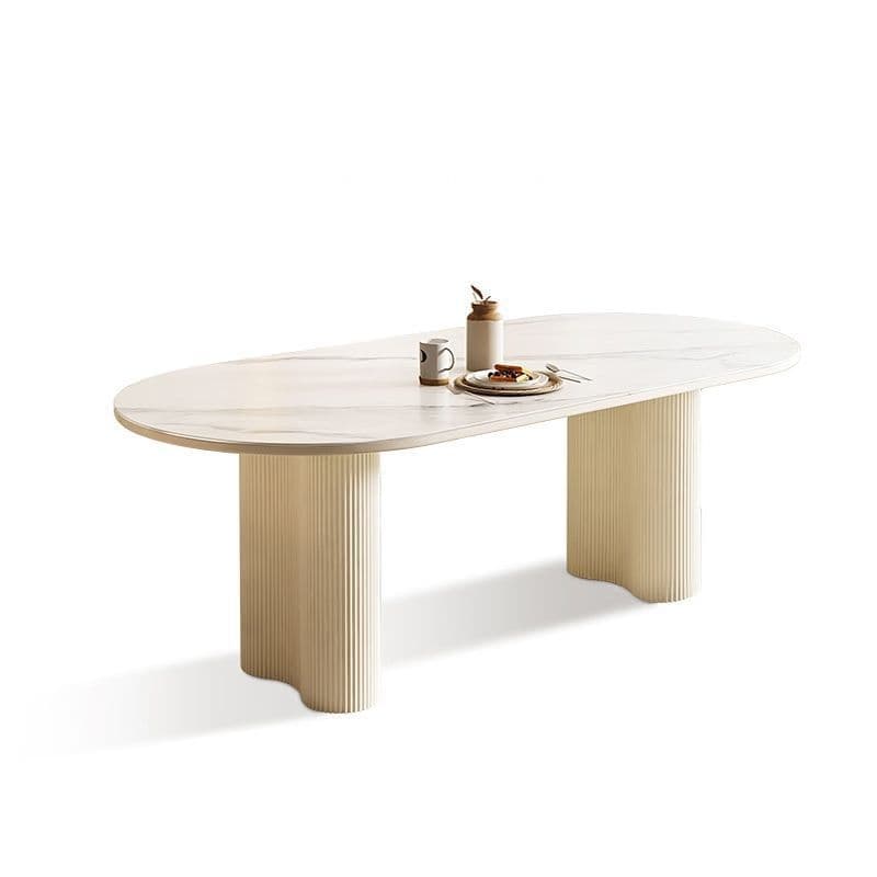 Modern Simple Style Oval Slate Dining Table Set with Dual Footing, Solid Back Panel in Chalk Color thumbnail 2