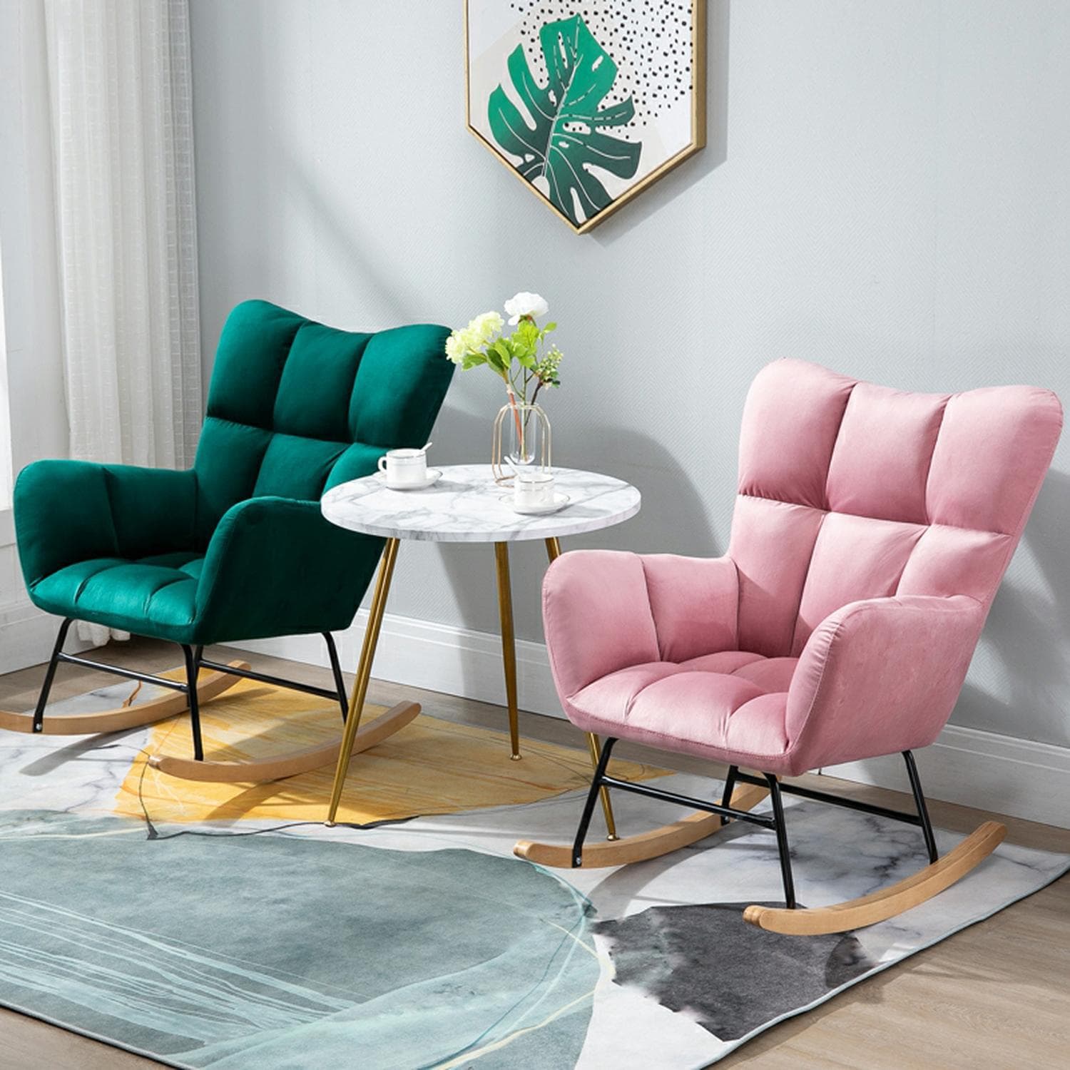 Stylish Modern Upholstered Rocking Chair with Tufted Design and Wood Legs - Support Up to 398 lbs thumbnail 12