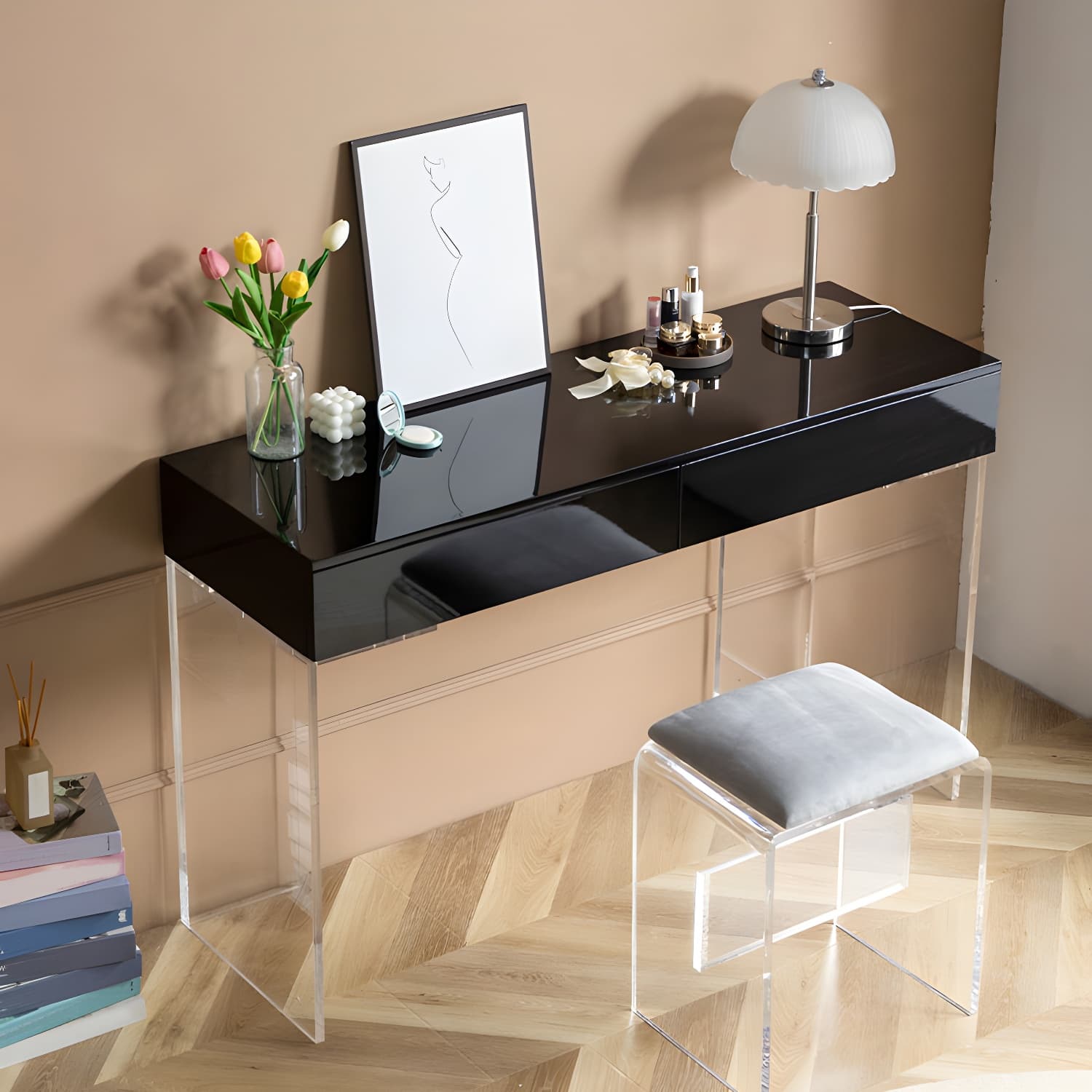 Contemporary Acrylic Vanity Desk 2-Drawer Vanity Dressing Table thumbnail 5