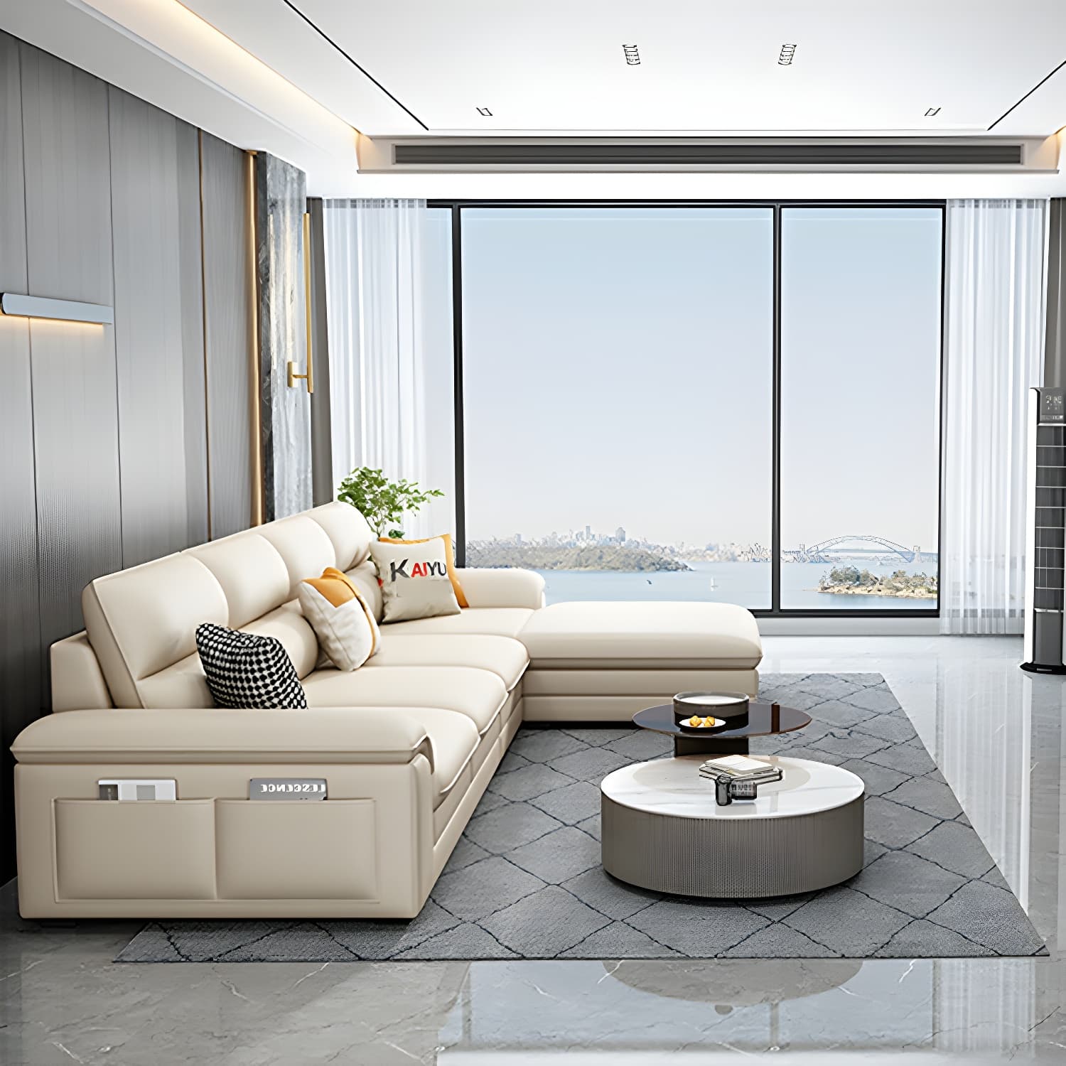 Modern Beige Stationary Sectional Sofa in Scratching Cloth with Wood Frame and Pillow Top Arms thumbnail 11