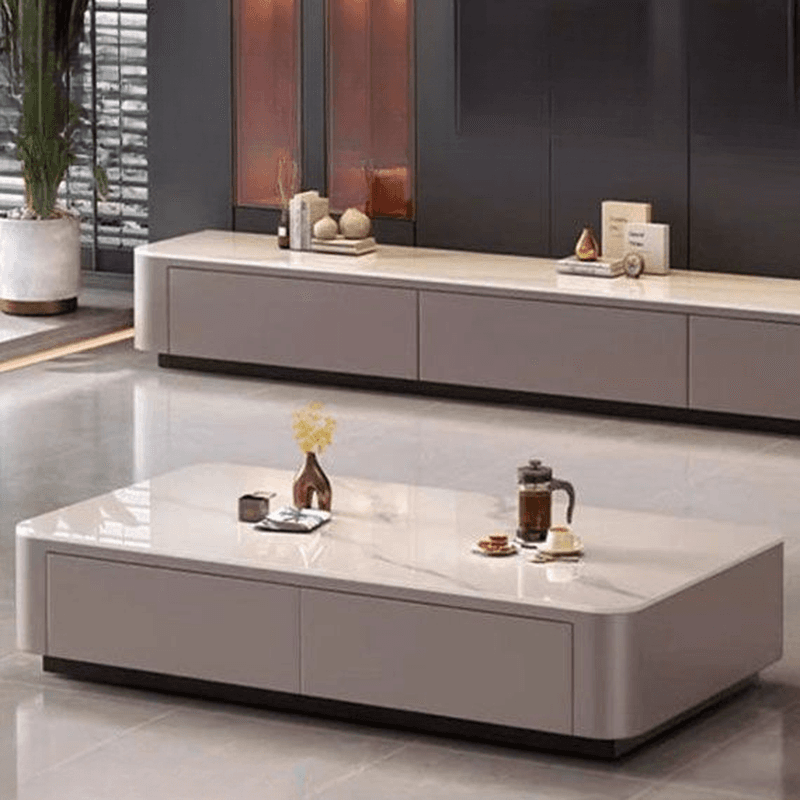 Contemporary Design Single Set Geometric Figure Rock Top Board Game Coffee Table with Block Base in Gray/Chalk and 2 Drawers thumbnail 7
