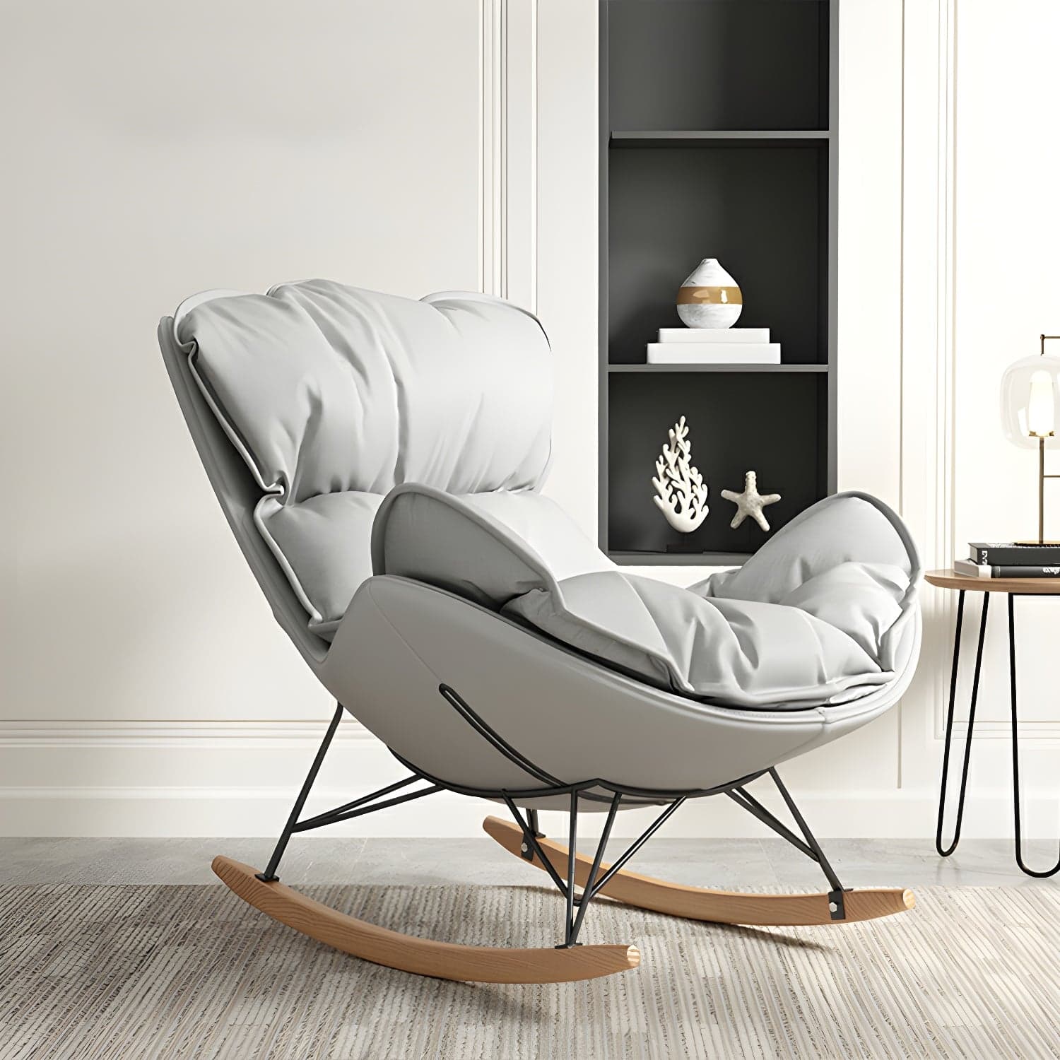 Modern Metal Rocking Chair with Upholstered Seat - Brown Legs, Removable Cushions thumbnail 3