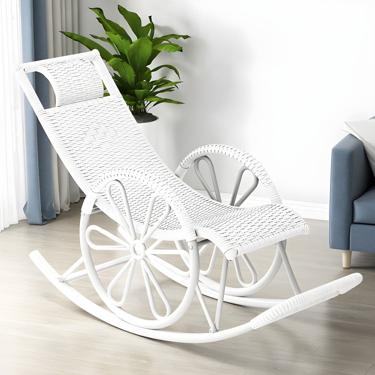 Rattan Modern Rocking Chair Woven Rope Rocker Chair in Black thumbnail 10