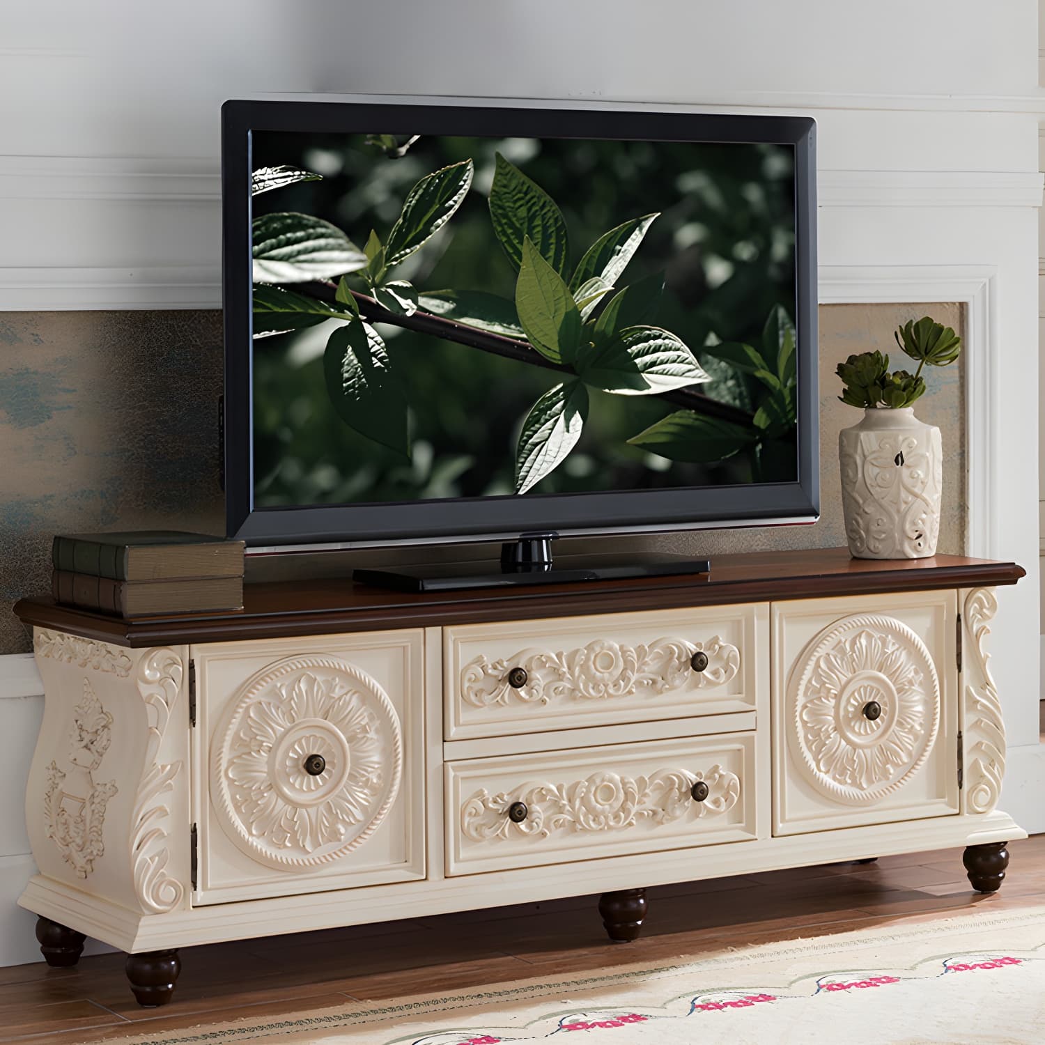 Traditional Rubberwood Media Console Matte Finish TV Media Stand with Drawers thumbnail 4