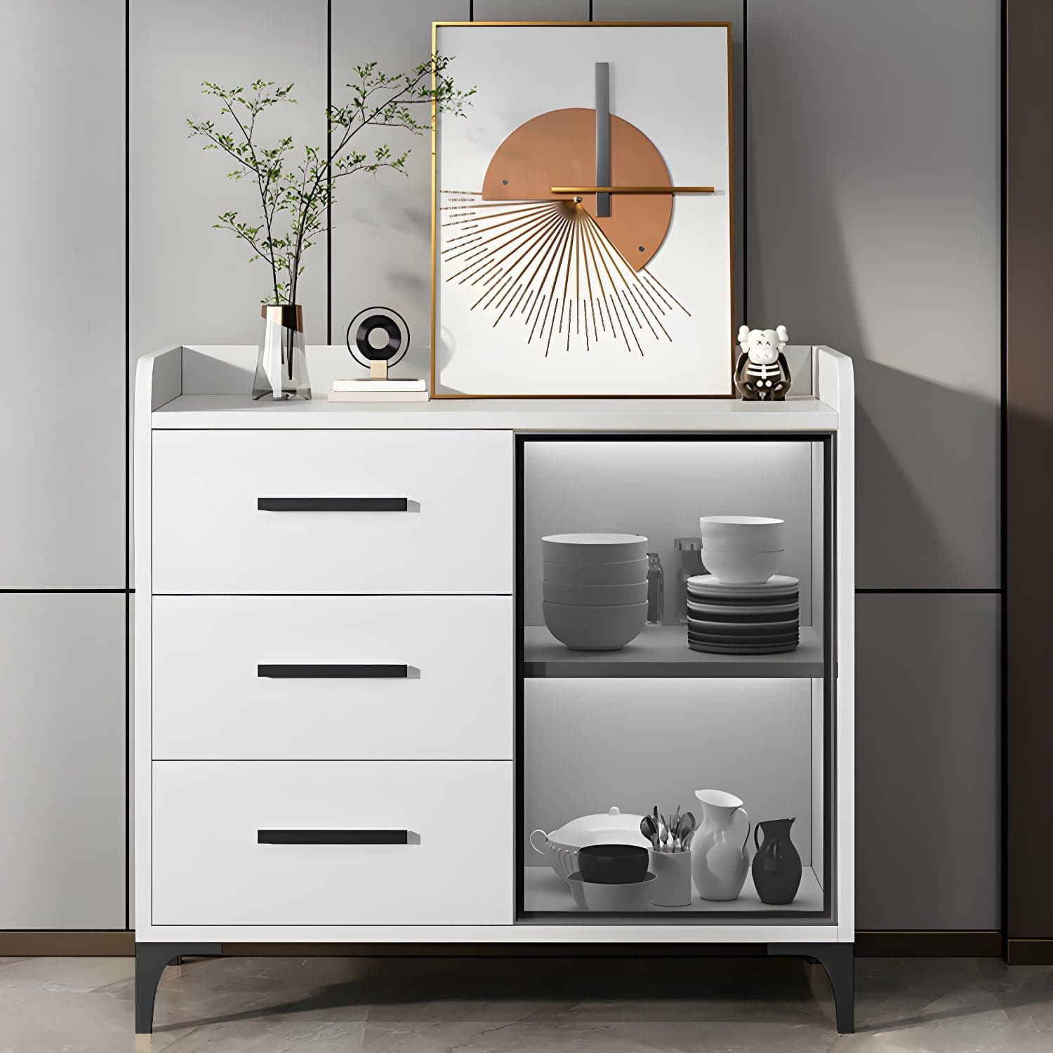 Glamorous Wood Buffet Sideboard with Glass Doors and Open Storage thumbnail 3