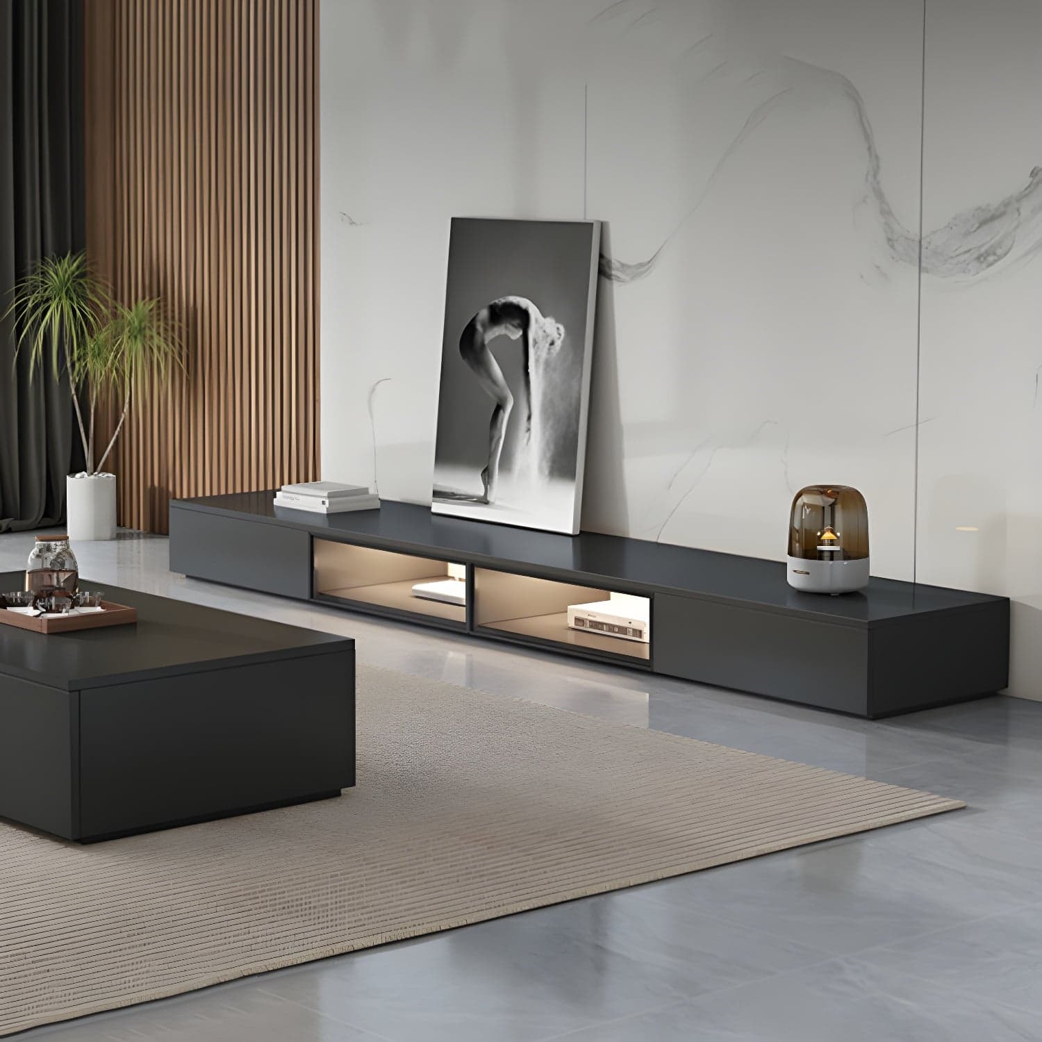 Black Modern TV Stand with Low Height and Drawers for Organized Cable Management & No Open Storage thumbnail 1