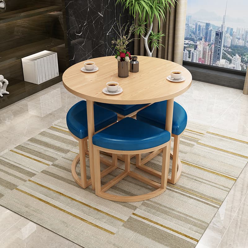 Reclaimed Wood Round Dining Table Set with Metal Toboggan Base and Upholstered Backless Chairs for 4 People thumbnail 23