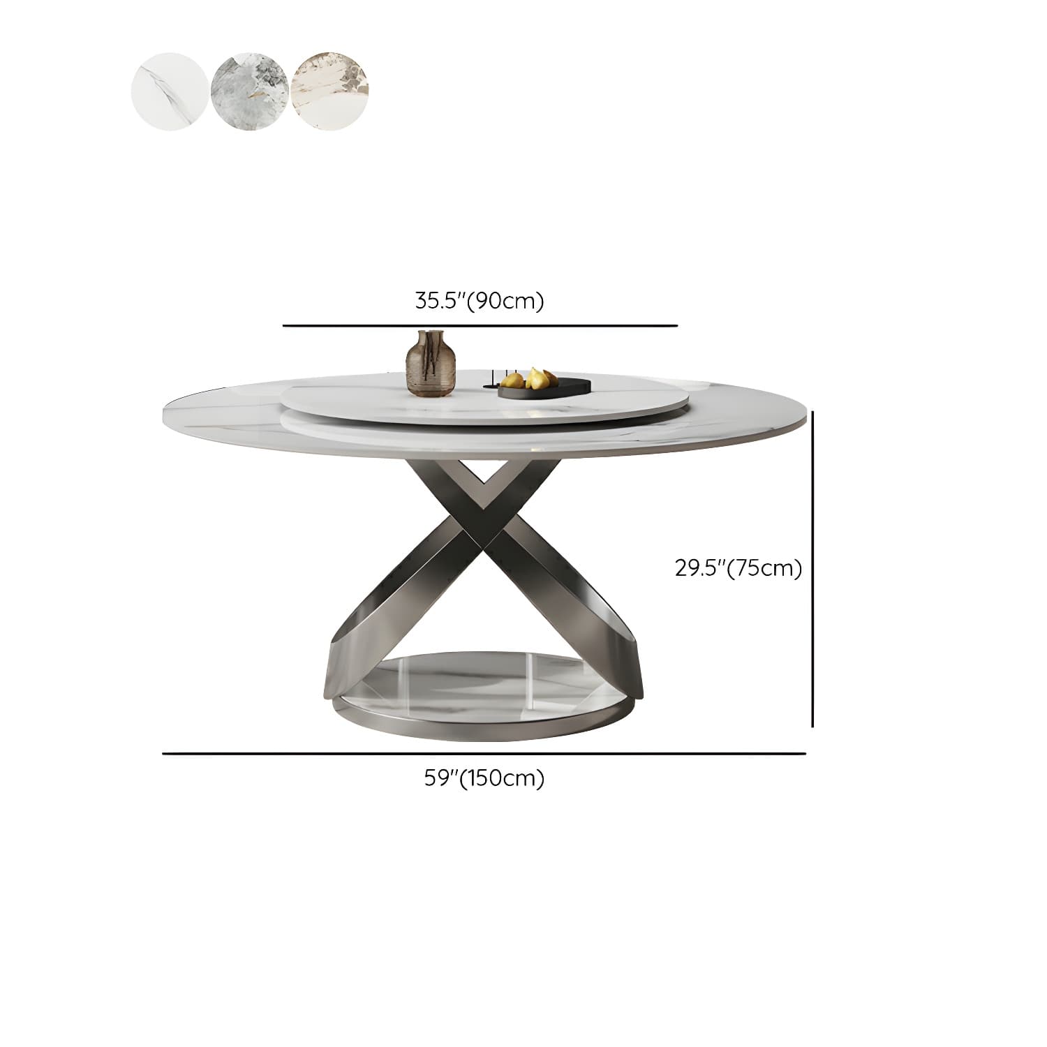 Stunning White Stone Round Dining Table with Lazy Susan and Silver Steel Pedestal Base thumbnail 14
