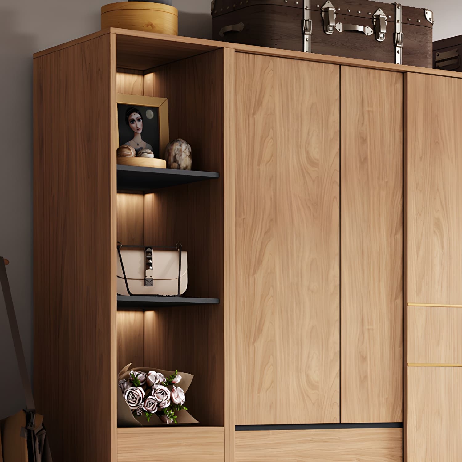 Natural Finish Wardrobe Armoire Sliding Wardrobe Cabinet with Drawer thumbnail 6