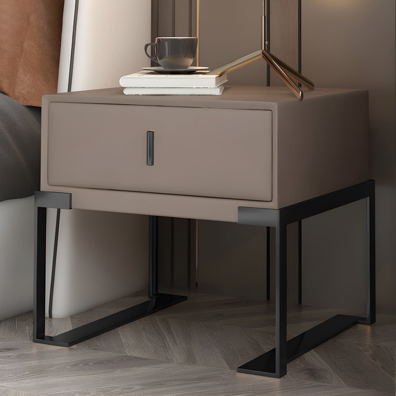 Faux Leather Nightstand 1-Drawer 21 Inch Tall Modern Legs Included Night Table thumbnail 5