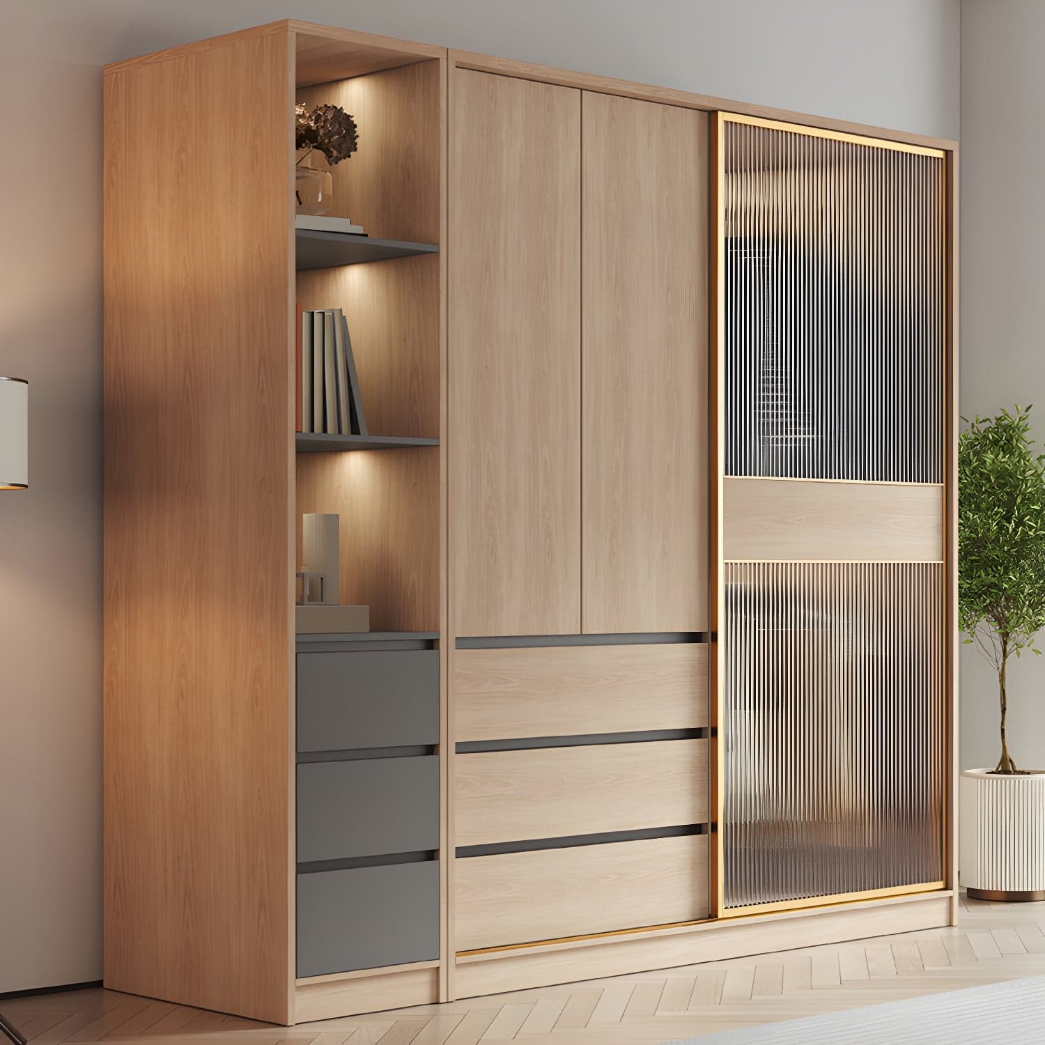 Contemporary Glass Sliding Doors Wardrobe Natural Wood Wardrobe with Drawers thumbnail 11