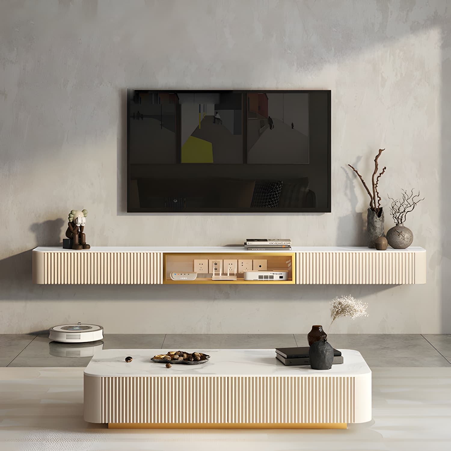 Contemporary TV Media Stand with Drawers Floating TV Stand Console thumbnail 12