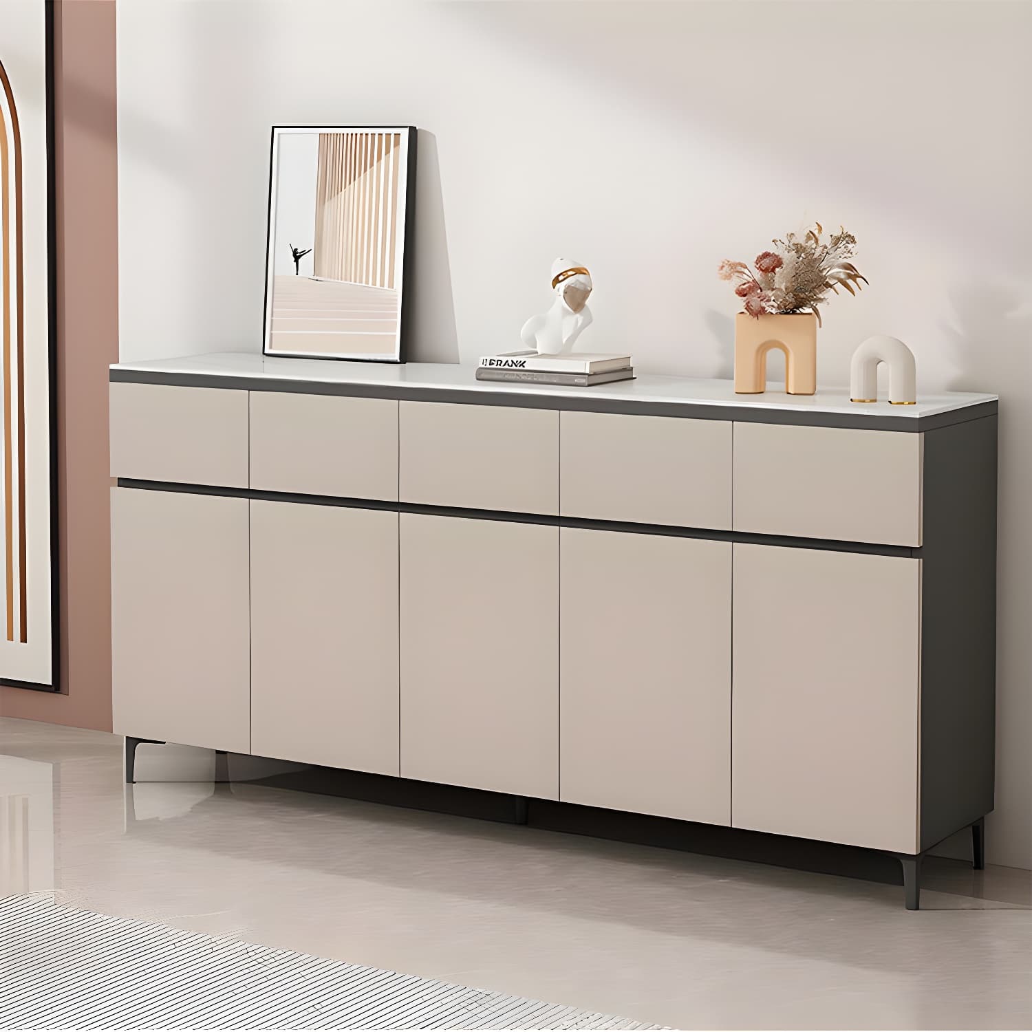Wooden Modern Stone Countertop Buffet Sideboard with Drawers for Living Room