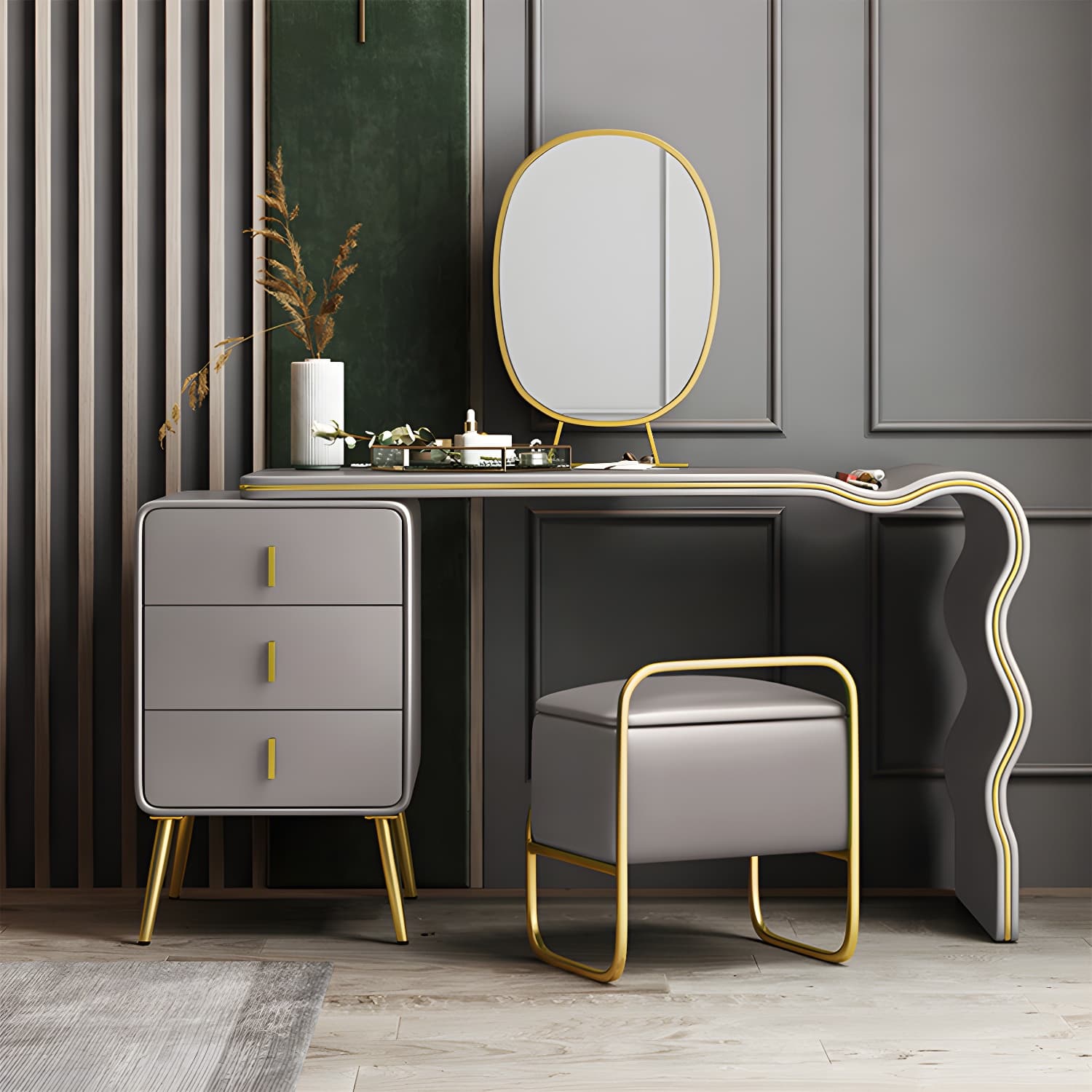 3 Drawers Make-up Vanity Set, 28.74" H Leather Vanity with Stool & Mirror thumbnail 19