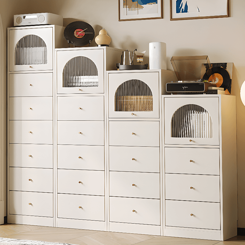 Chalk Trendy Composite Wood Semainier with Shelves, Hutch, and 6/5/4 Drawers in Vertical Orientation
