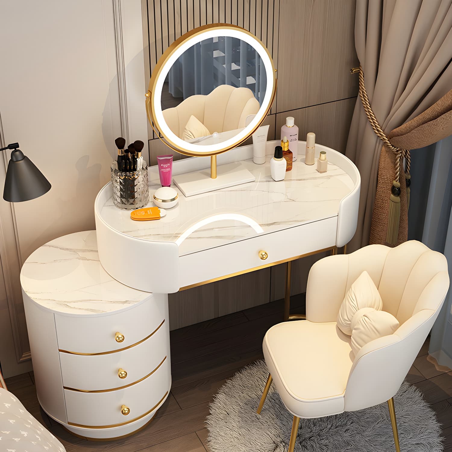 Wooden Makeup Vanity Desk Bedroom Dressing Table Stool Set with Drawer thumbnail 9