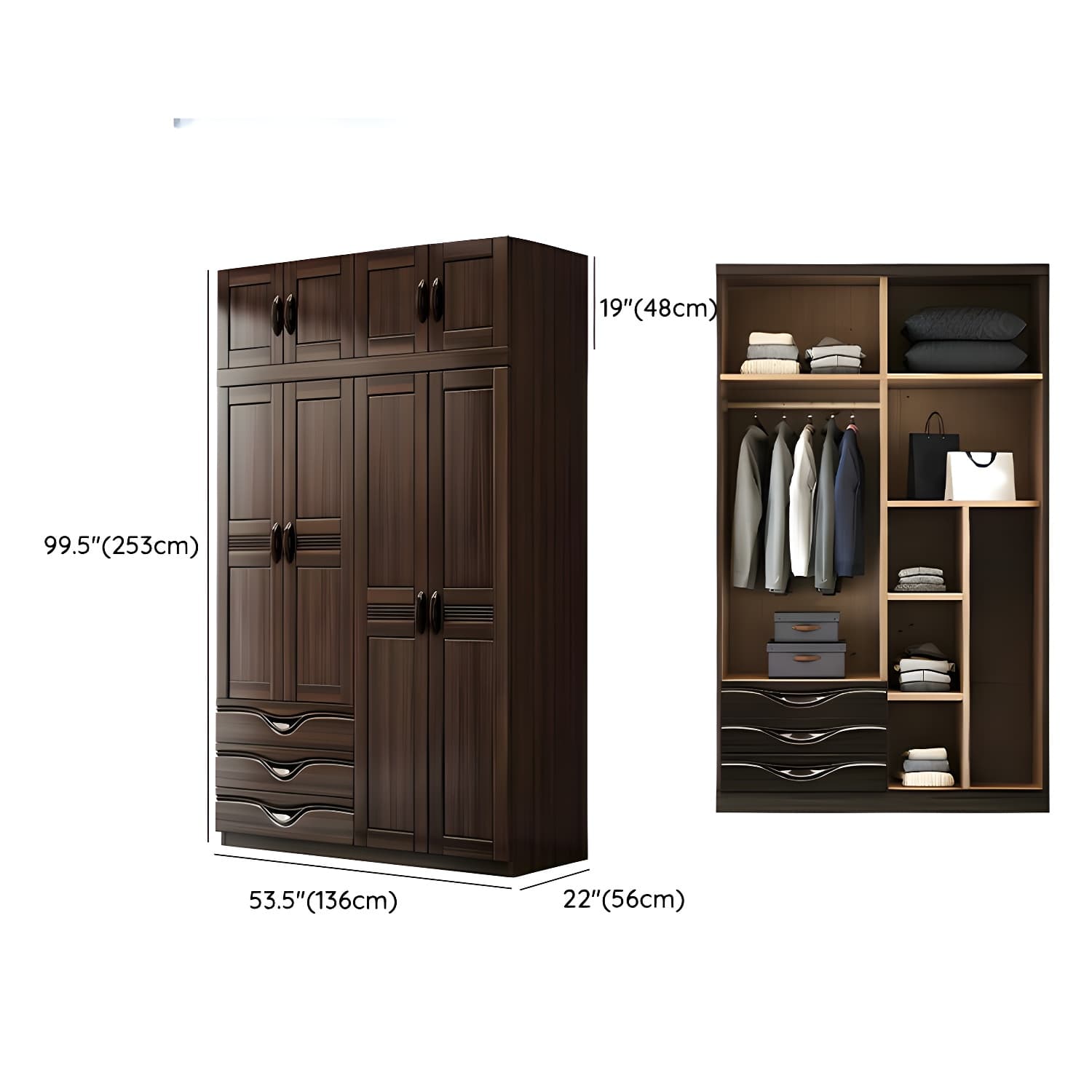 Traditional Black-brown Storage Wood Wardrobe with Clothing Rod and Shelves thumbnail 18