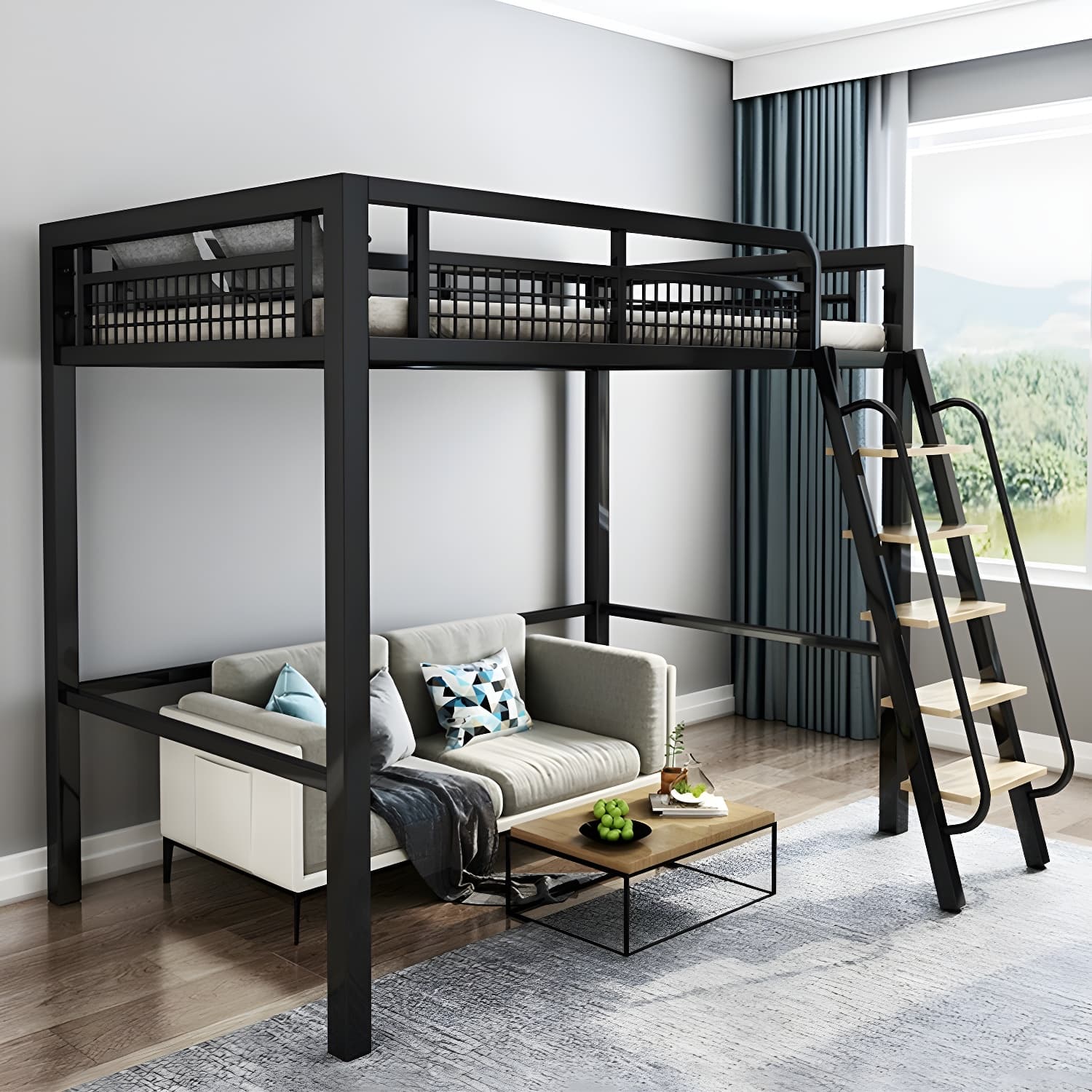 Contemporary Metal Bed 82.67" Tall Open-Frame Bed in Black/White thumbnail 5