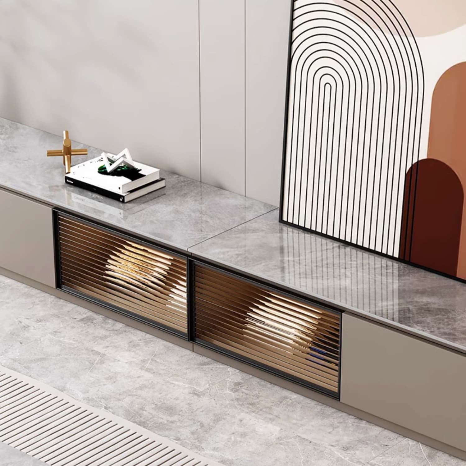 Champagne Stone TV Stand with Drawers and Cabinet for Modern Style and Cable Management thumbnail 7