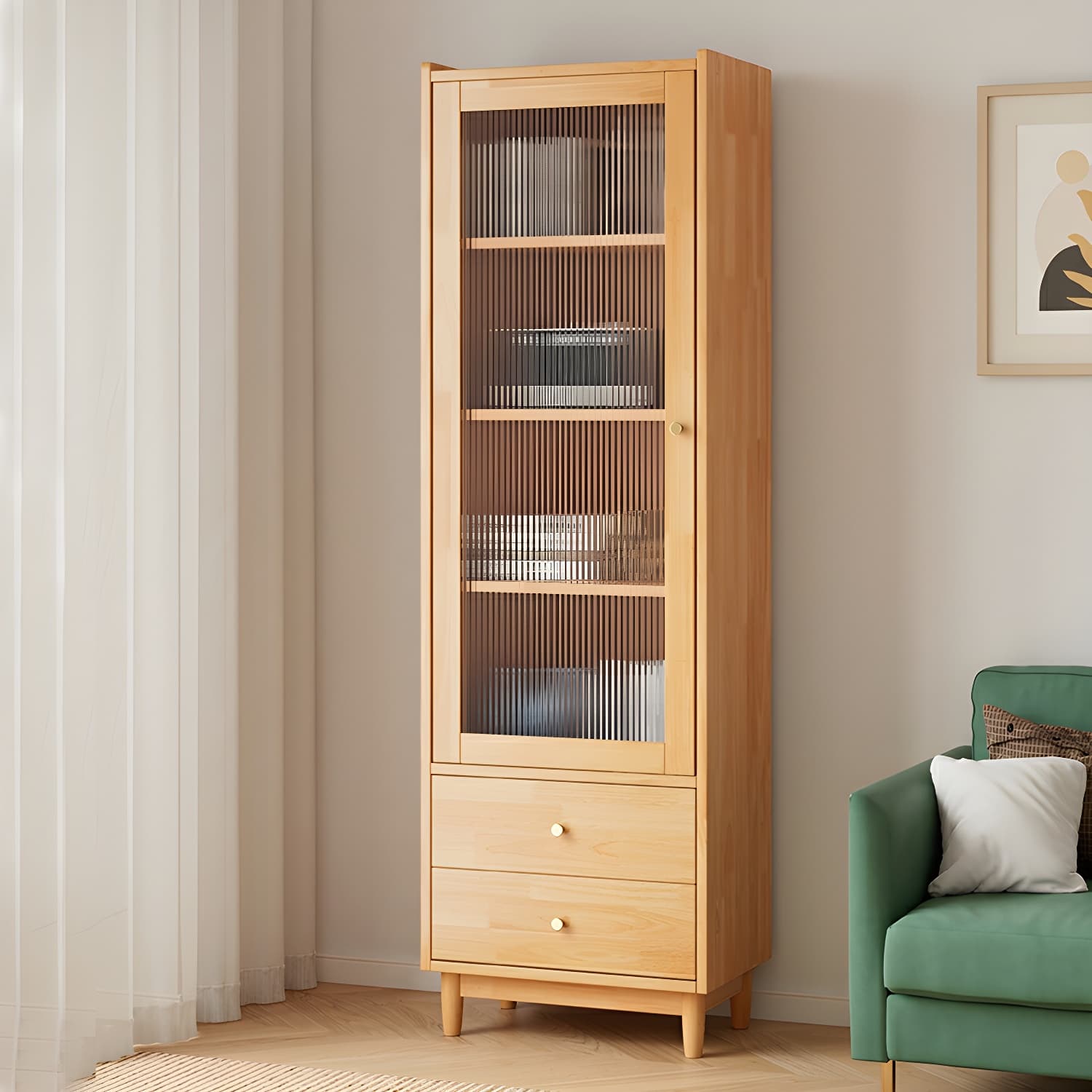 Scandinavian Glass Door Wood Cabinet with Drawers and Adjustable Shelves - Elegant Storage Furniture thumbnail 4