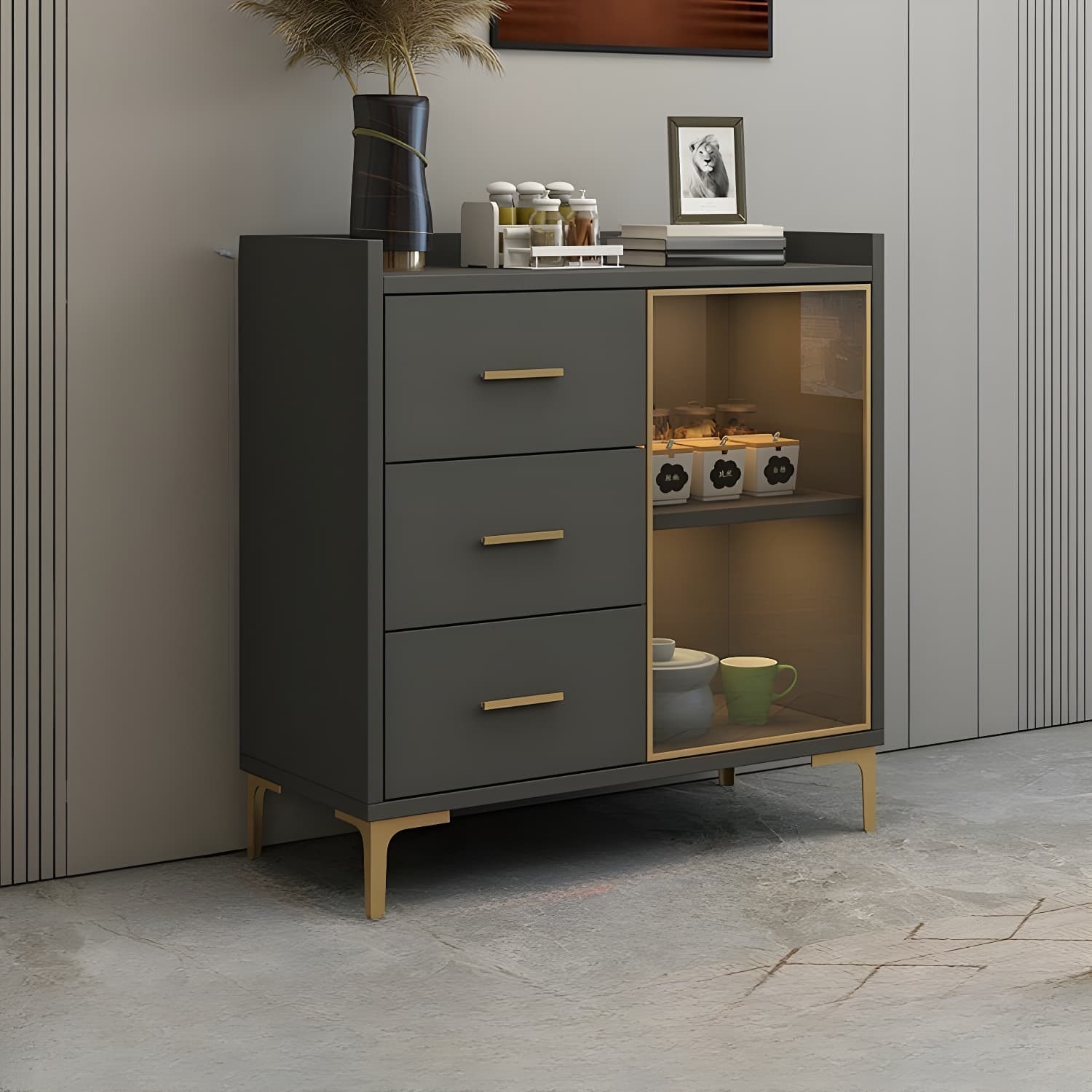 Glam Wood Sideboard with Glass Doors, Lighting Included, and Adjustable Shelves thumbnail 3