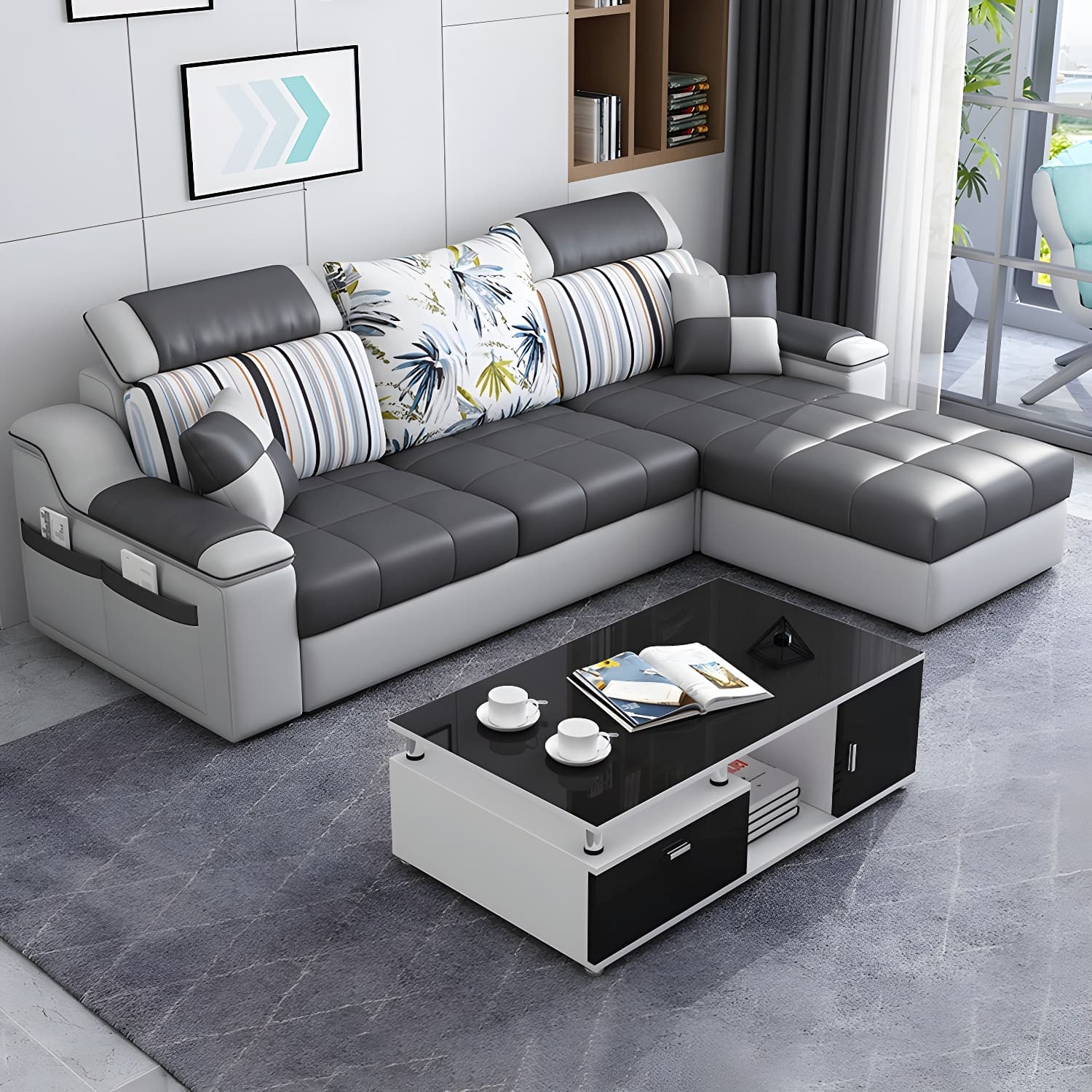 Reversible L-Shape Scandinavian Sectional Sofa with Ottoman and Adjustable Headrest in 2 Piece Set thumbnail 12