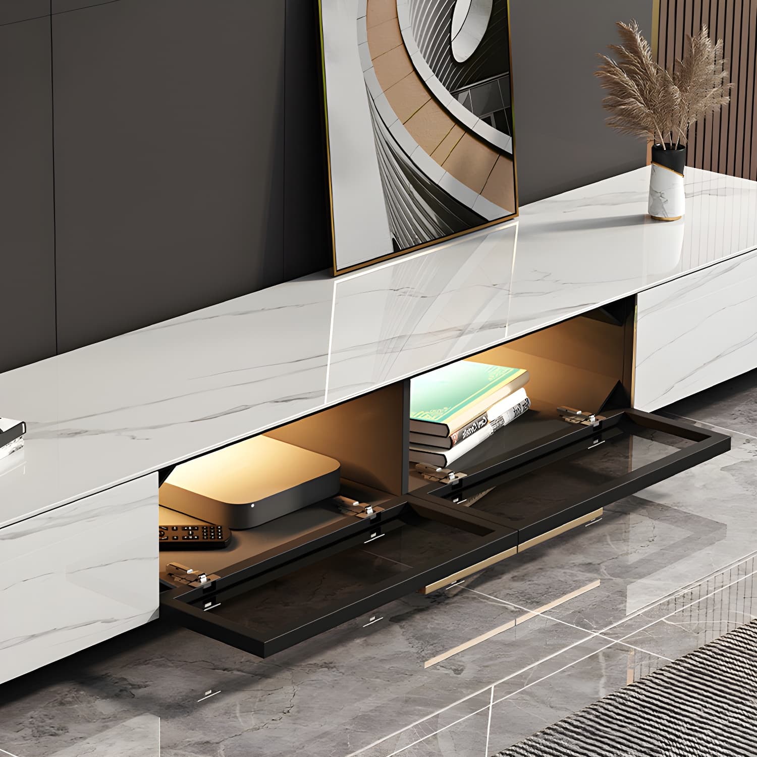 Stone TV Stand Console Contemporary Media Console with Drawers thumbnail 6