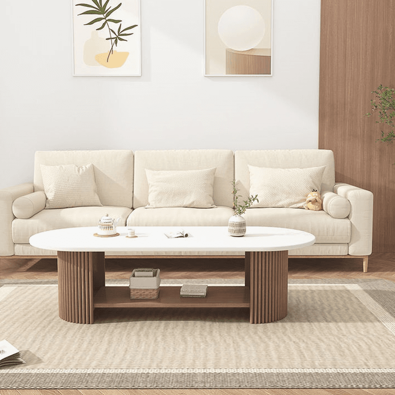 Oval Natural Wood Coffee Table with Twin Support Base, Repository, and 1 Shelf thumbnail 5