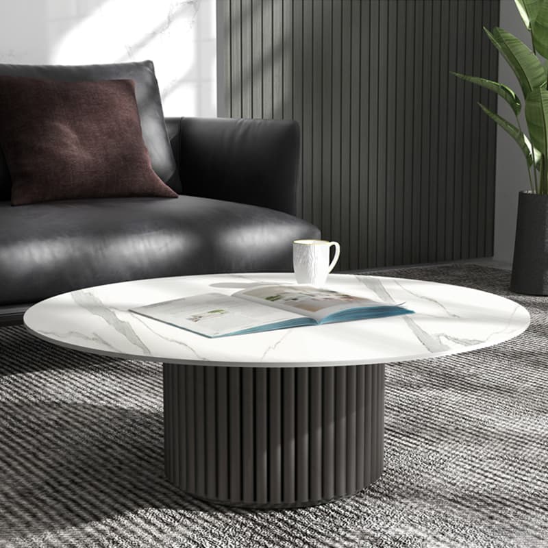 Modern Round Stone Top Coffee Table with Sturdy Metal Pedestal Base in Standard Height thumbnail 8